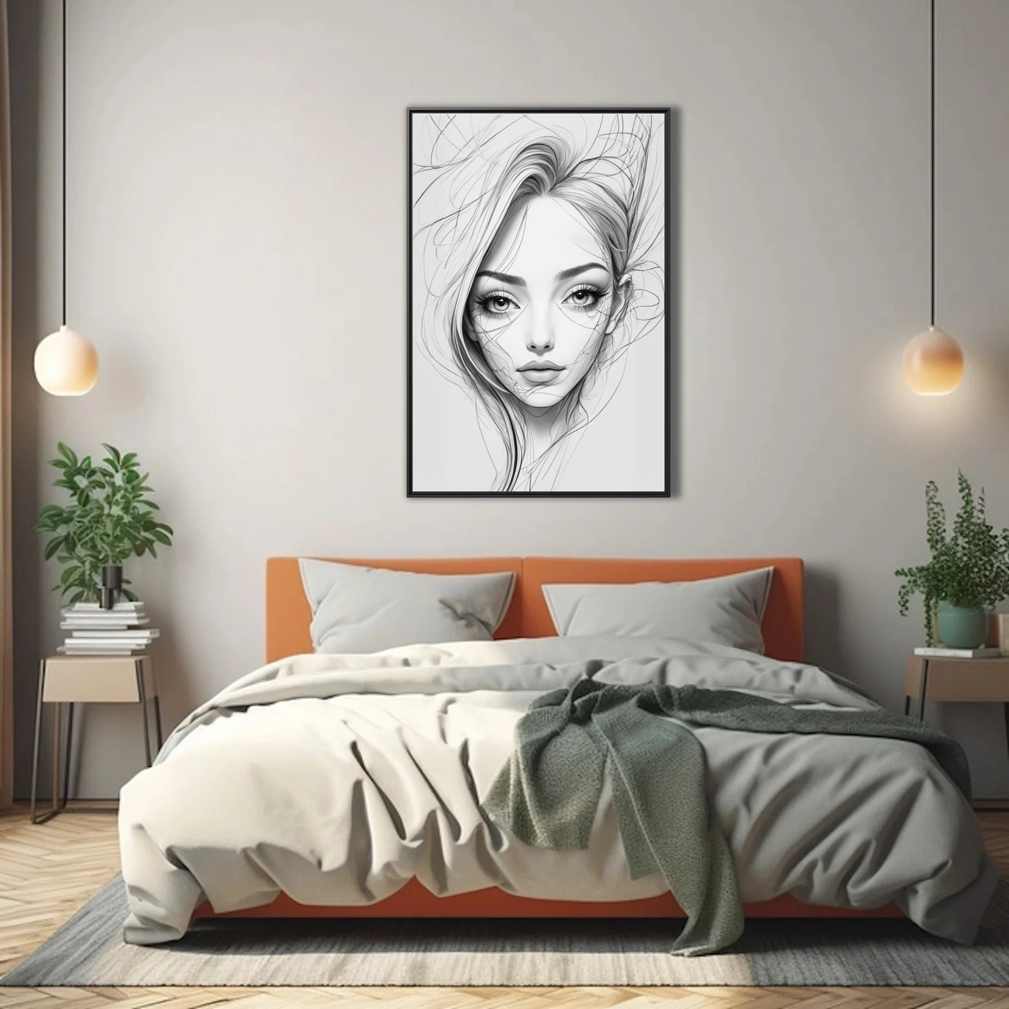 Ink-style line art portrait of a woman with flowing hair, monochrome sketch aesthetic
