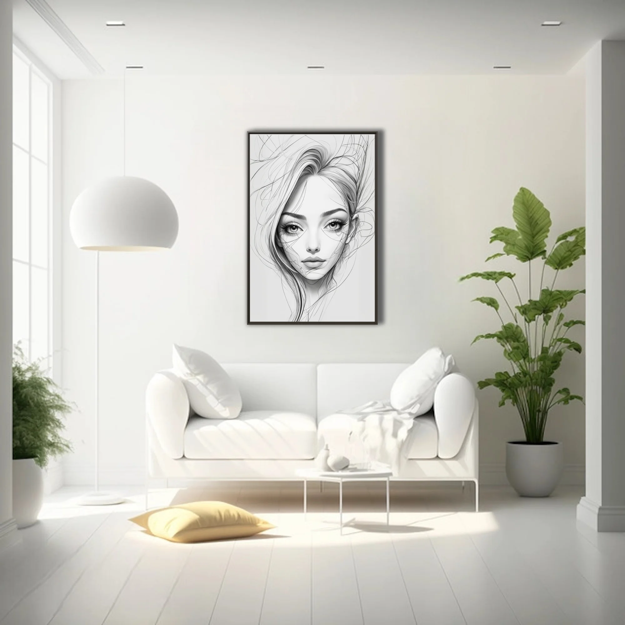 Ink-style line art portrait of a woman with flowing hair, monochrome sketch aesthetic