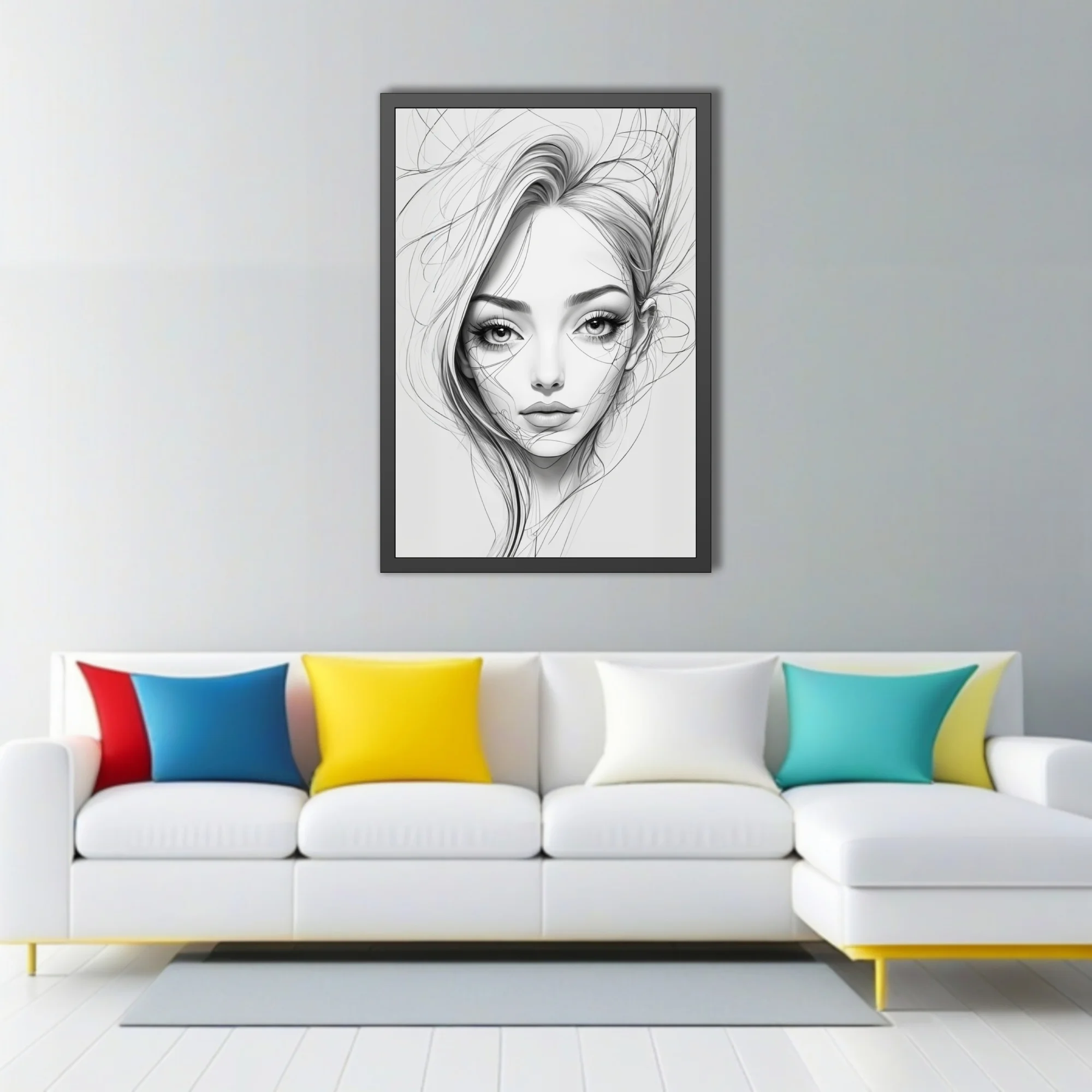 Ink-style line art portrait of a woman with flowing hair, monochrome sketch aesthetic