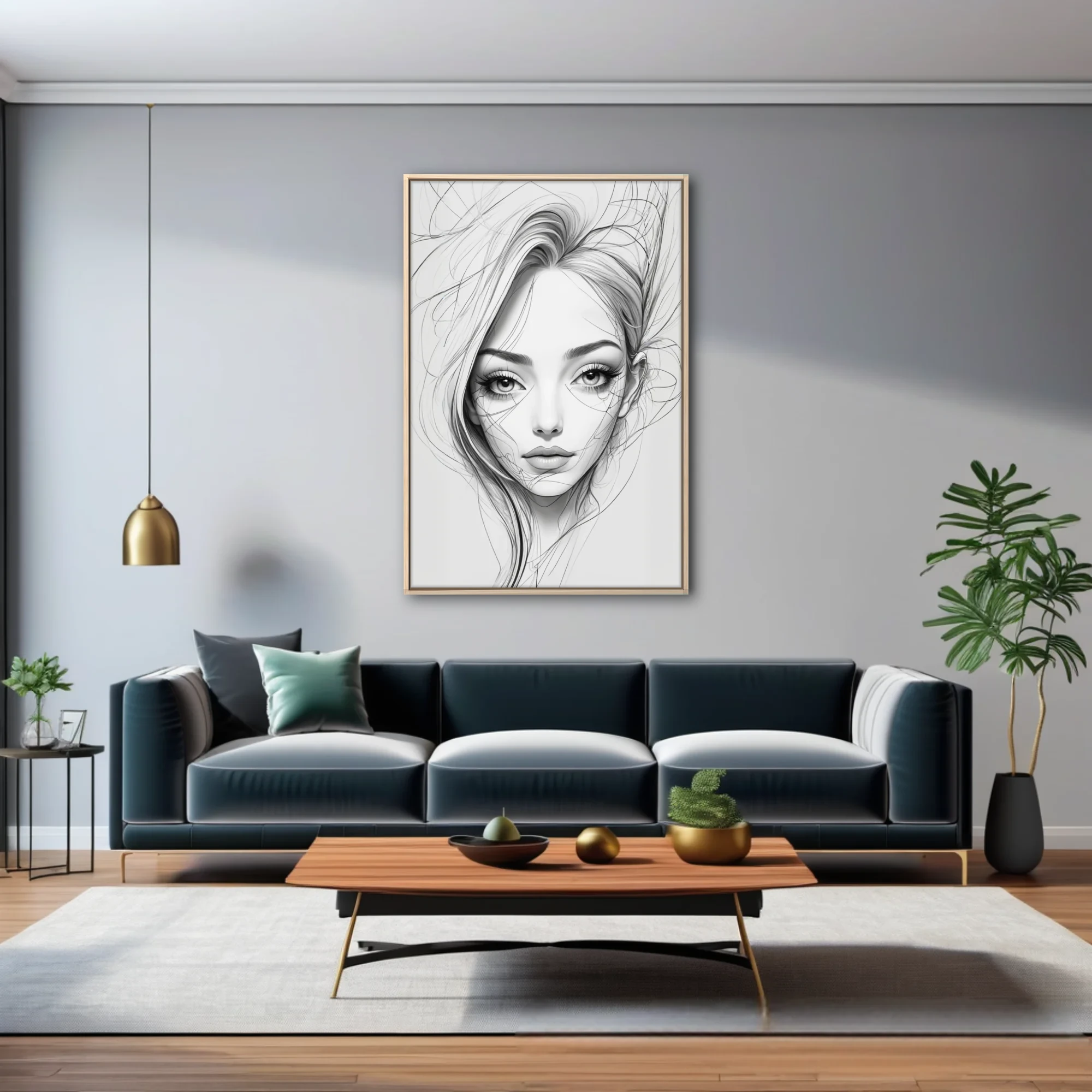 Ink-style line art portrait of a woman with flowing hair, monochrome sketch aesthetic