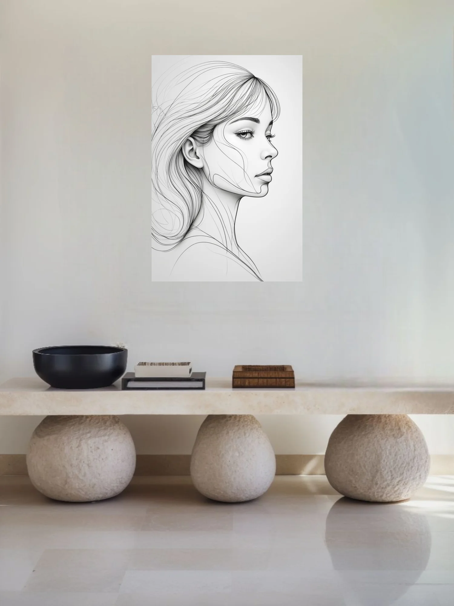 Minimalist line art portrait of a woman in profile, black and white flowing lines