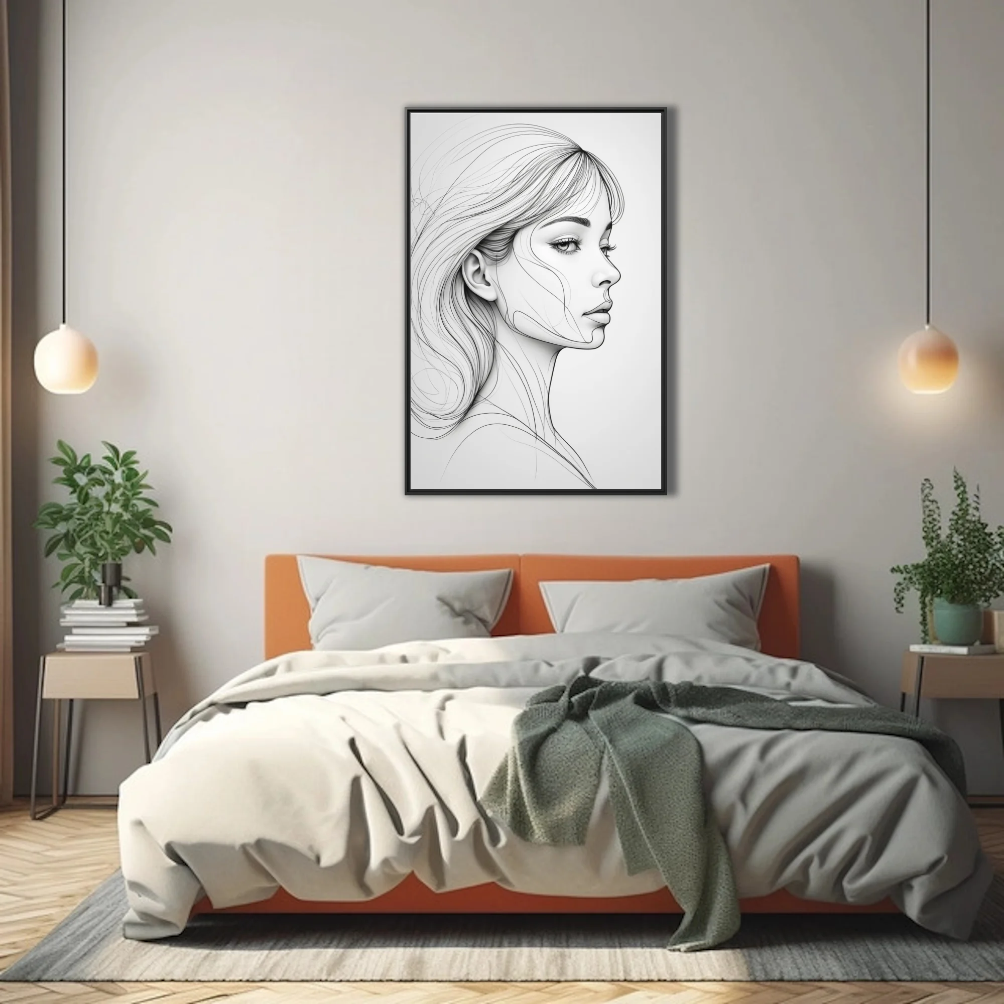 Minimalist line art portrait of a woman in profile, black and white flowing lines