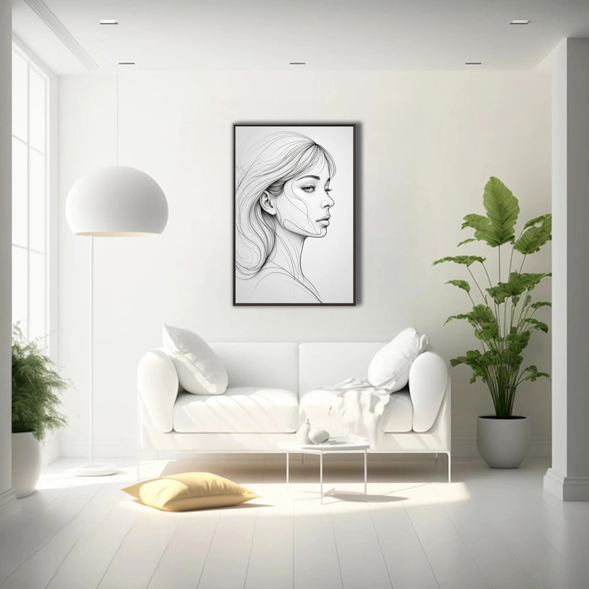 Minimalist line art portrait of a woman in profile, black and white flowing lines