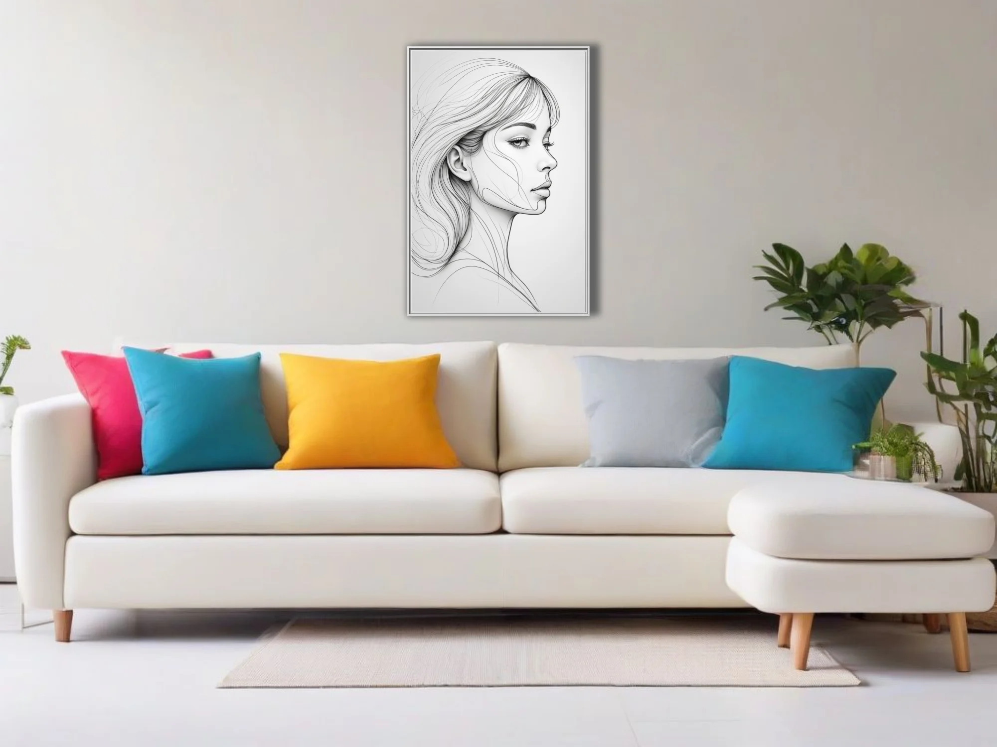 Minimalist line art portrait of a woman in profile, black and white flowing lines