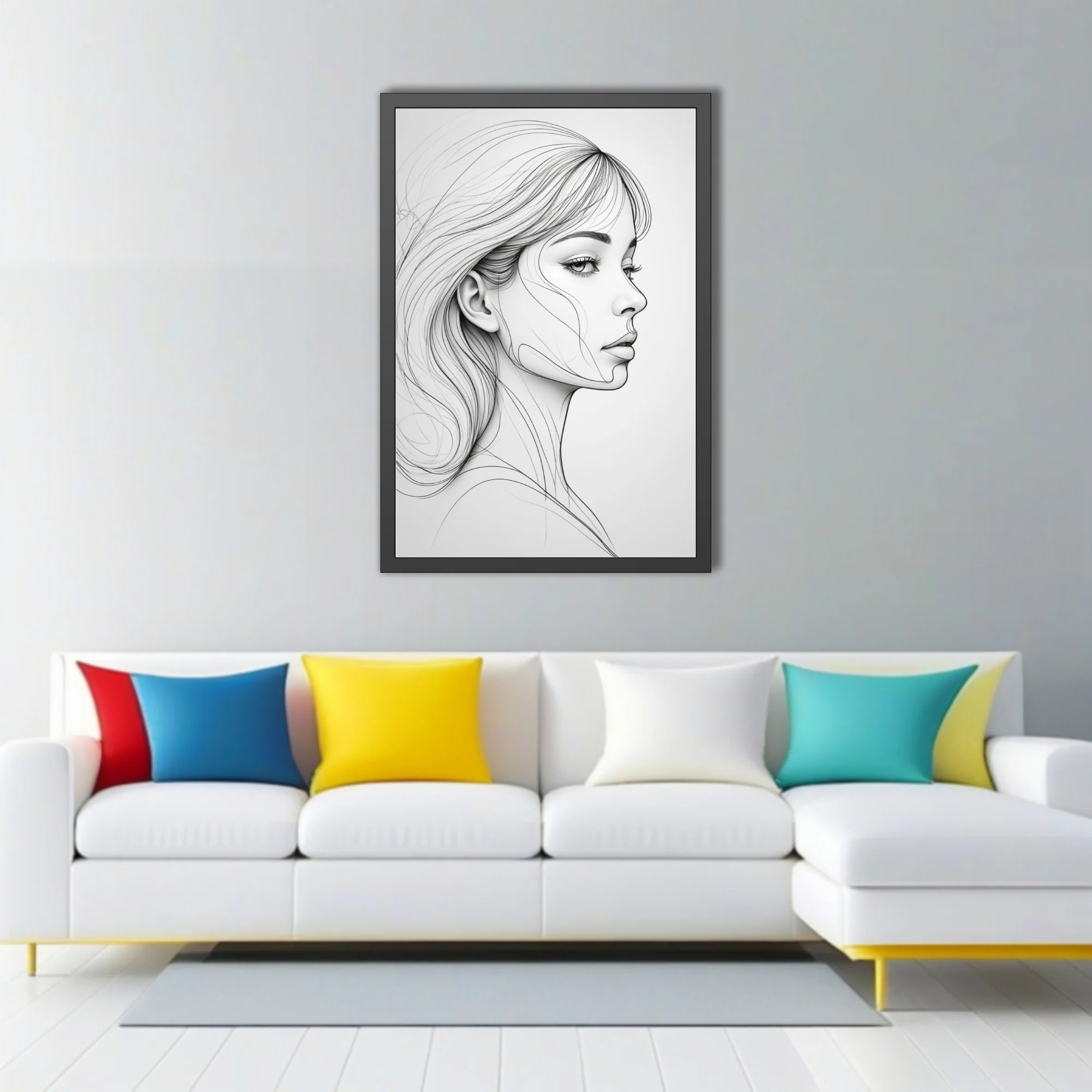 Minimalist line art portrait of a woman in profile, black and white flowing lines