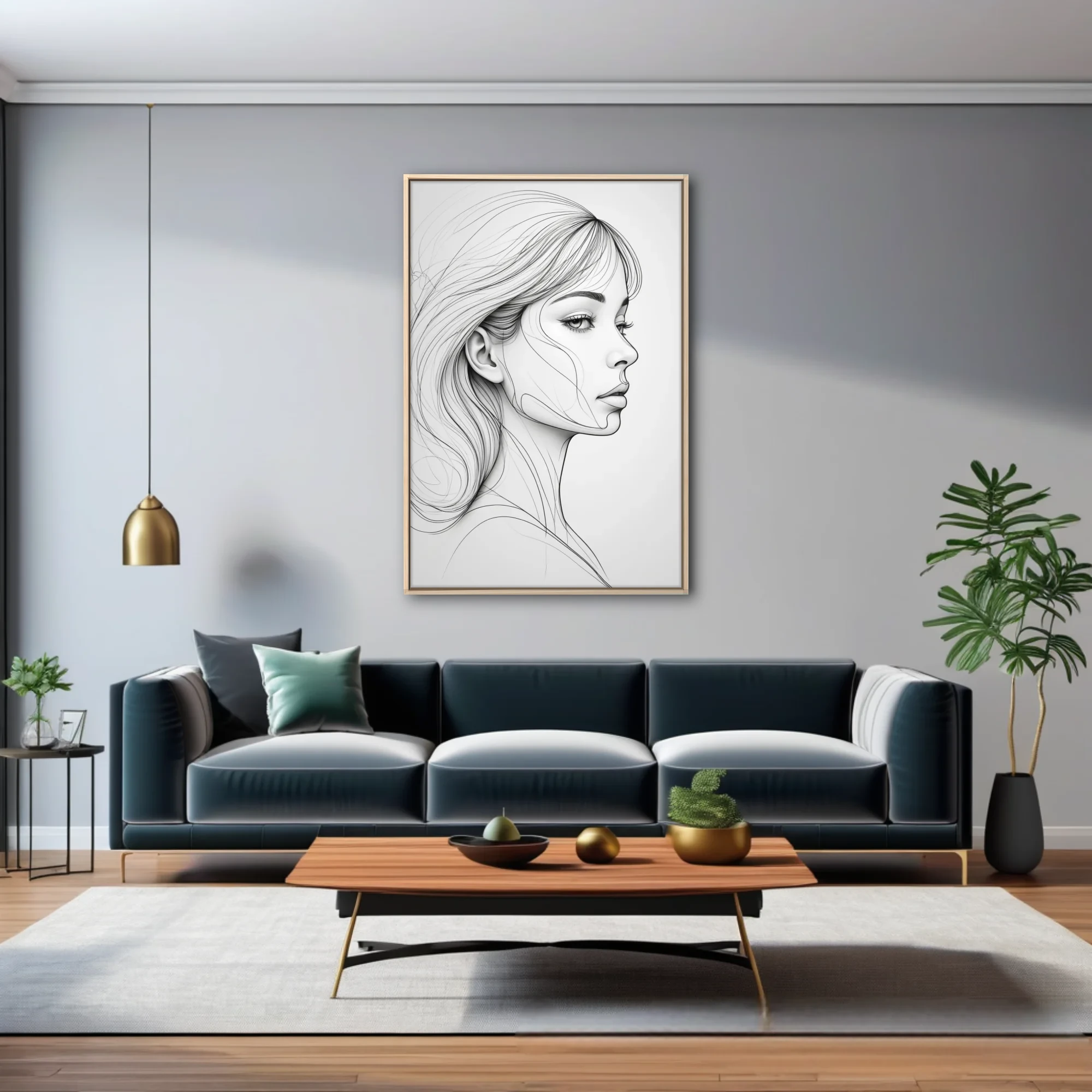 Minimalist line art portrait of a woman in profile, black and white flowing lines