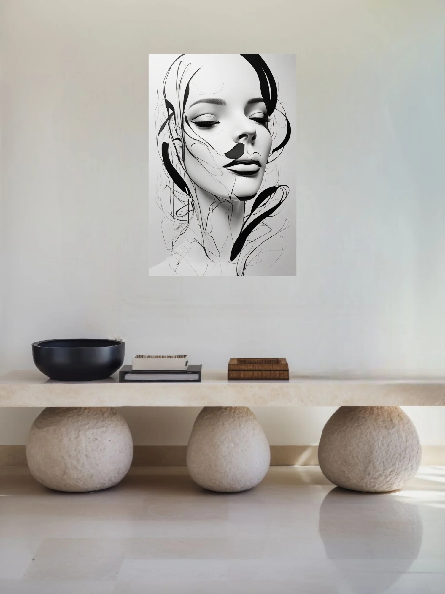 Minimalist black and white line art portrait of a woman with closed eyes and calligraphic strokes