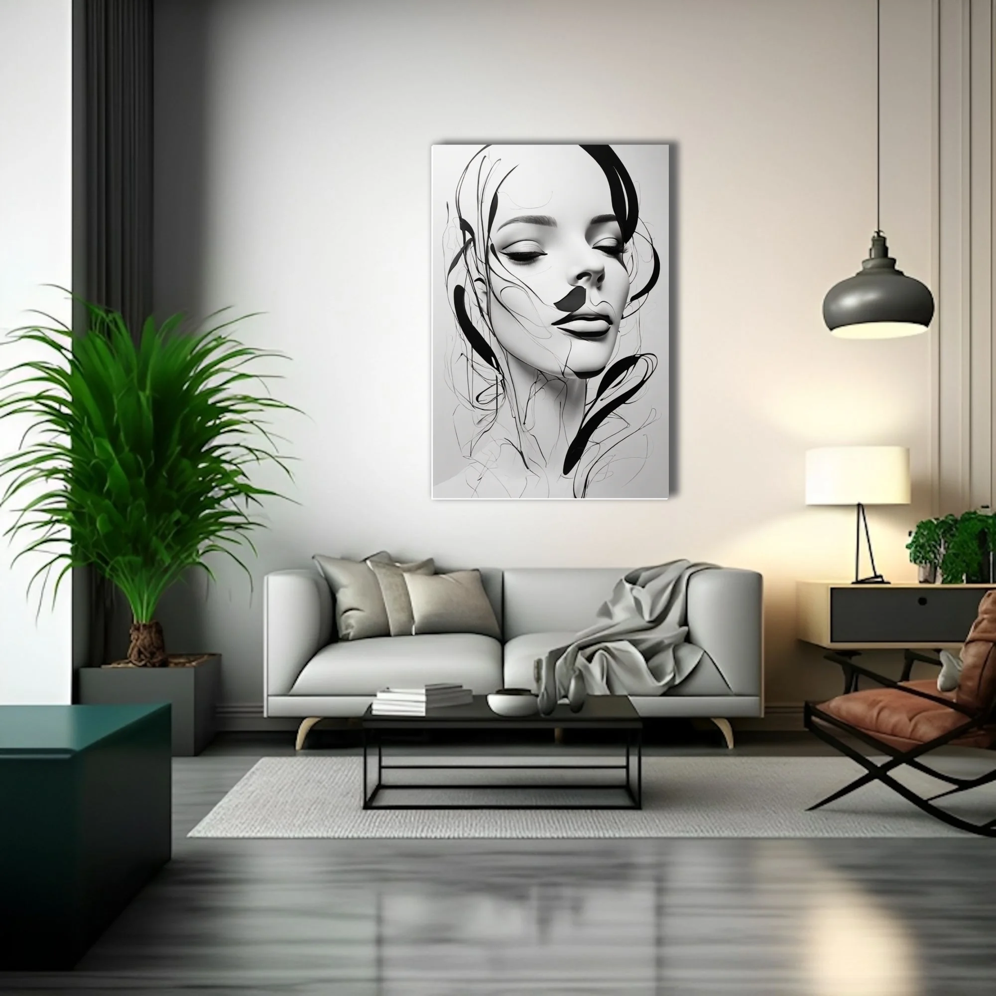 Minimalist black and white line art portrait of a woman with closed eyes and calligraphic strokes