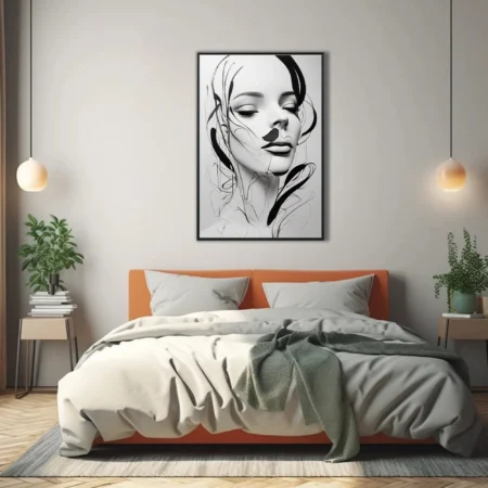 Minimalist black and white line art portrait of a woman with closed eyes and calligraphic strokes