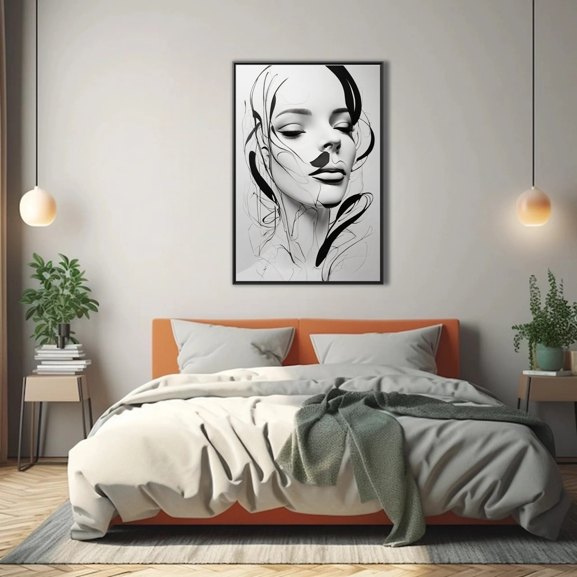 Minimalist black and white line art portrait of a woman with closed eyes and calligraphic strokes