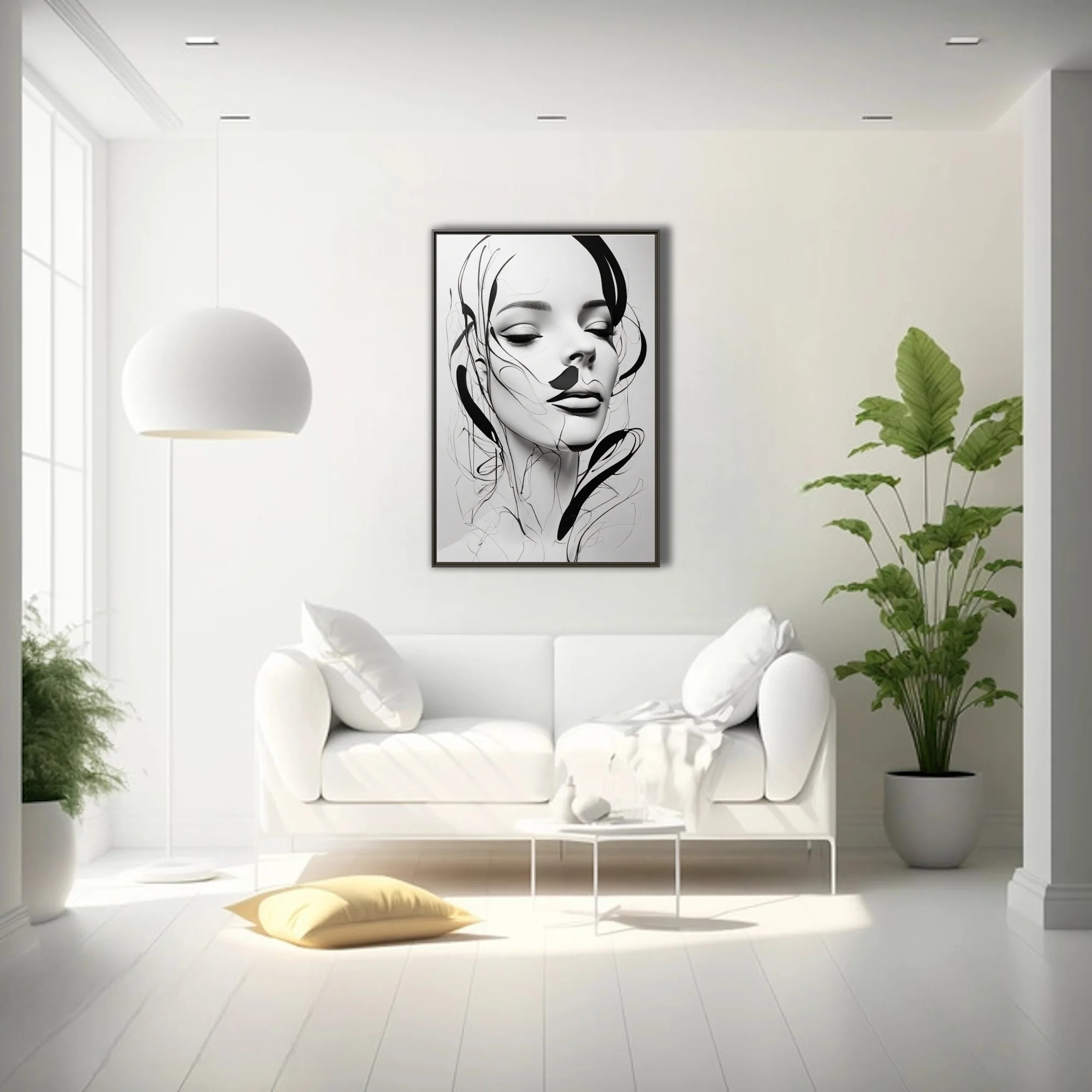 Minimalist black and white line art portrait of a woman with closed eyes and calligraphic strokes
