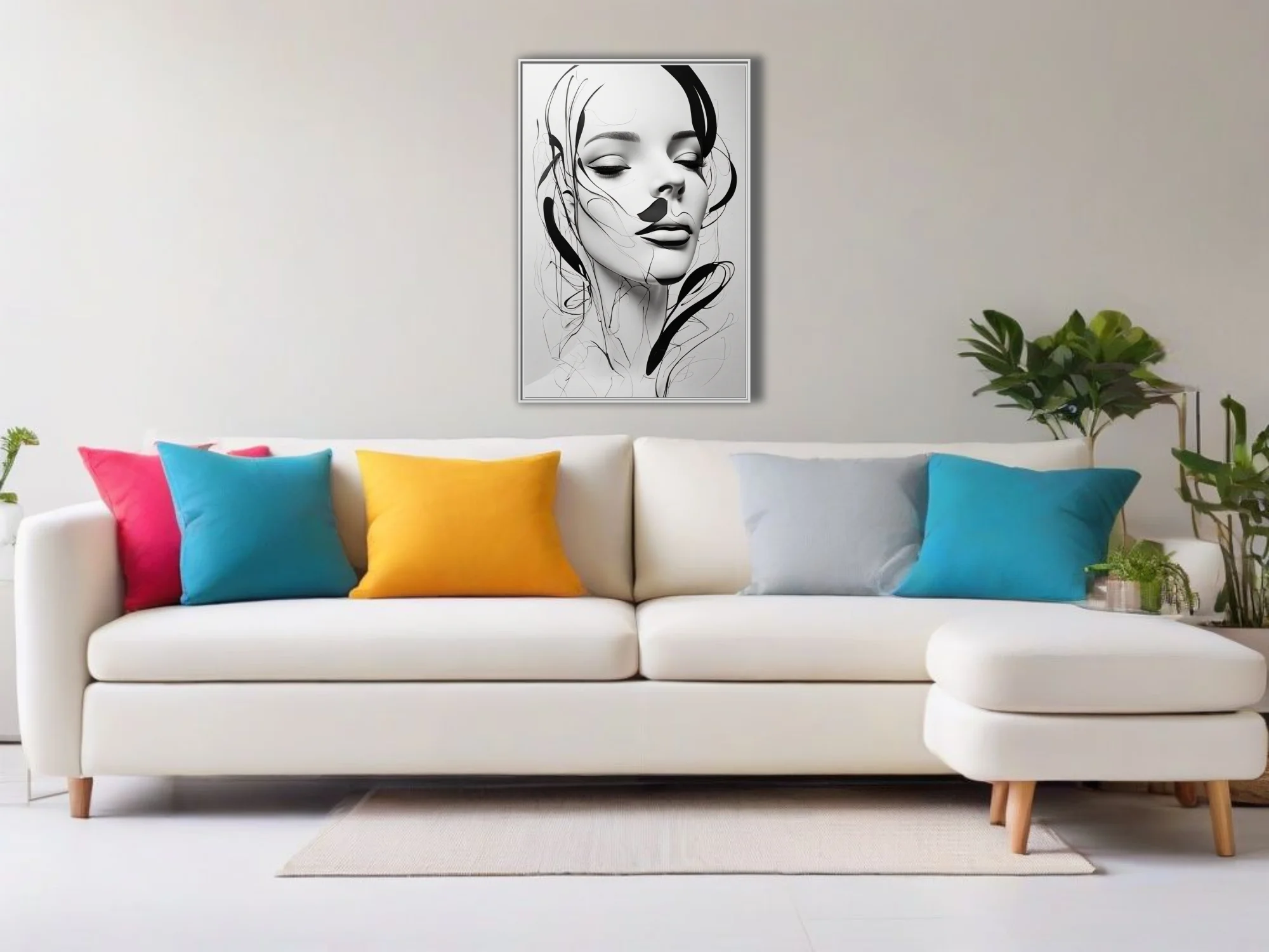 Minimalist black and white line art portrait of a woman with closed eyes and calligraphic strokes
