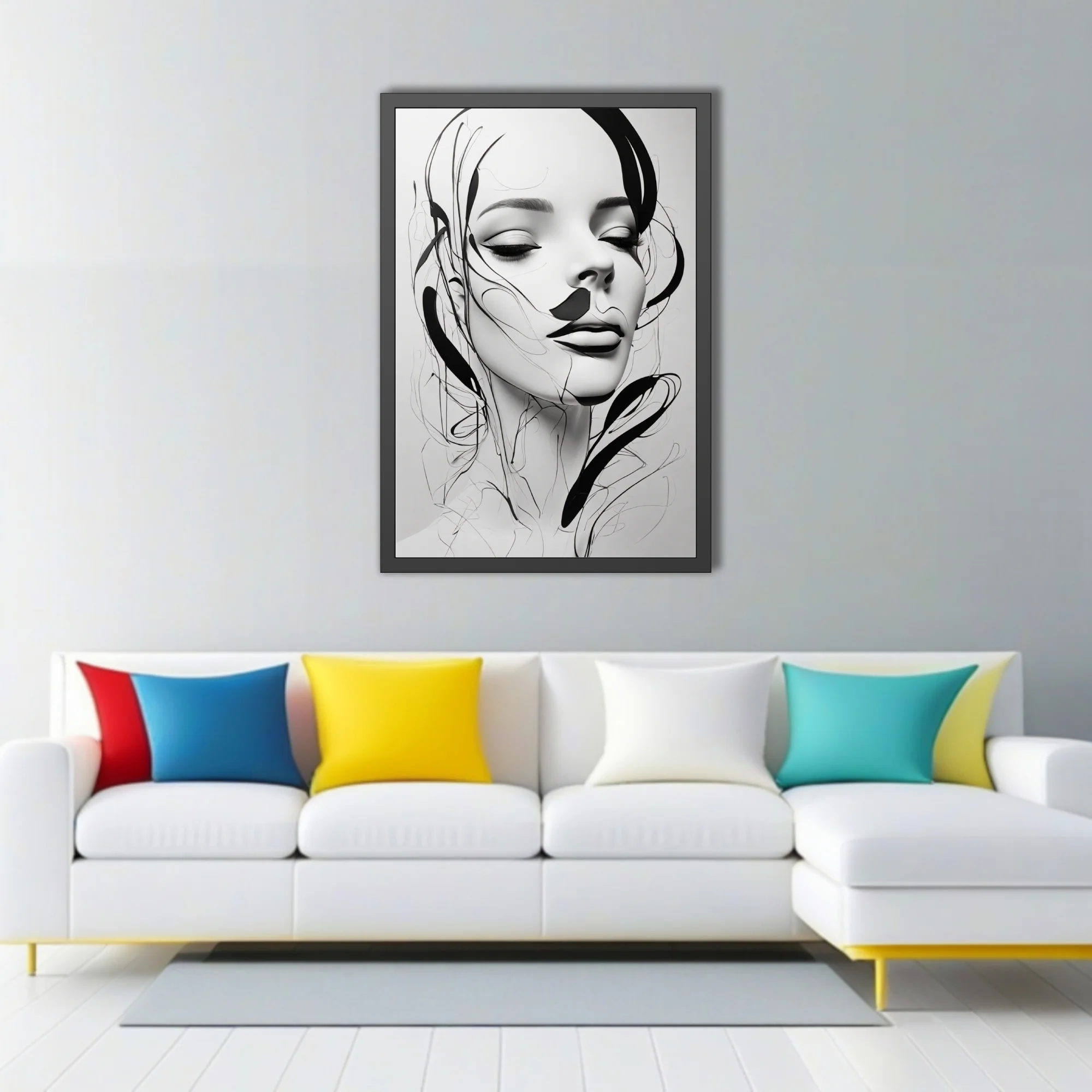 Minimalist black and white line art portrait of a woman with closed eyes and calligraphic strokes