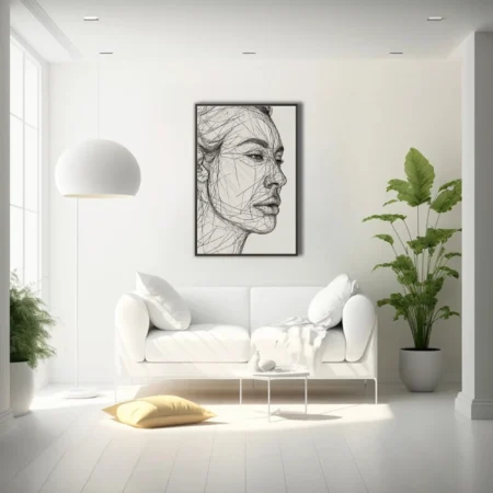 Geometric line-art portrait of a face in profile, monochrome ink-style fractured linework