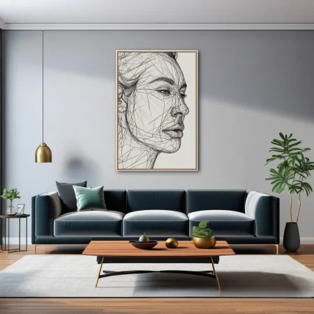 Geometric line-art portrait of a face in profile, monochrome ink-style fractured linework