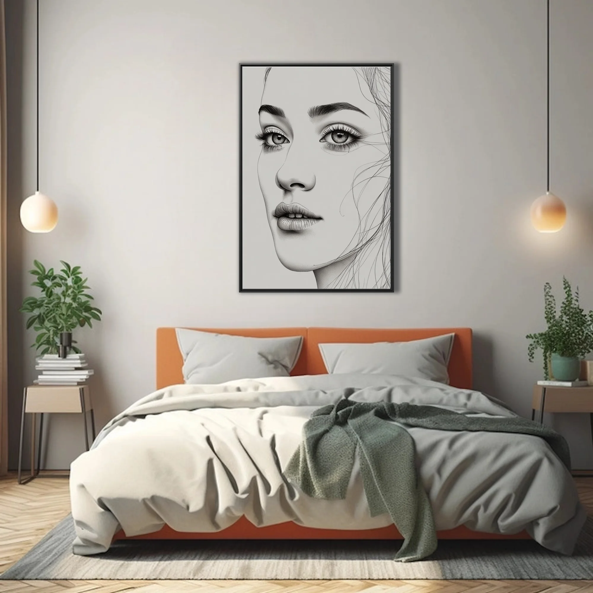 Minimalist ink-style female portrait, fine linework, monochrome, expressive eyes