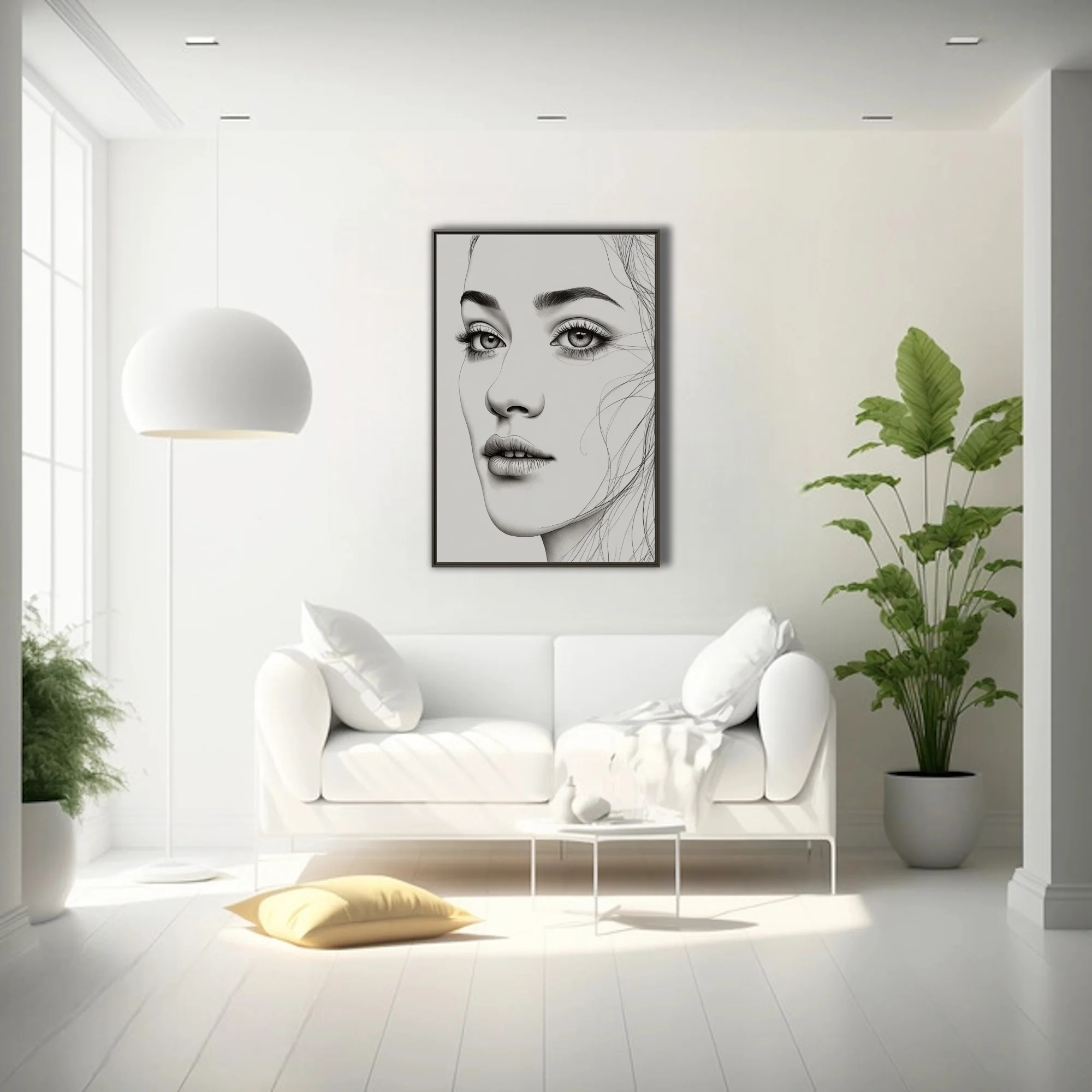 Minimalist ink-style female portrait, fine linework, monochrome, expressive eyes