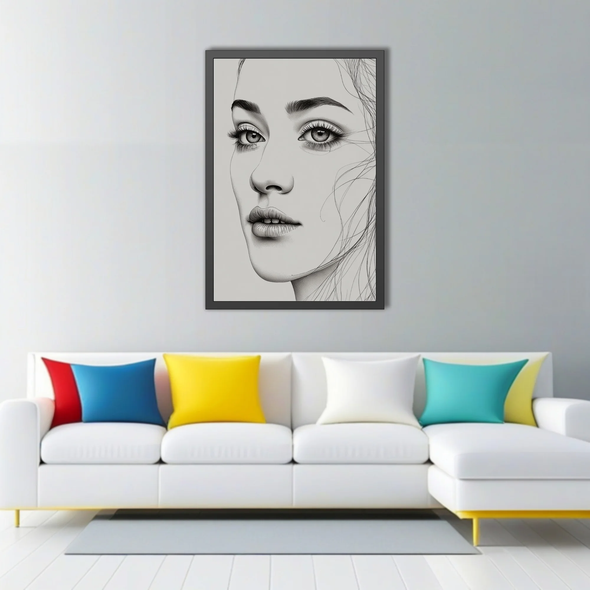 Minimalist ink-style female portrait, fine linework, monochrome, expressive eyes