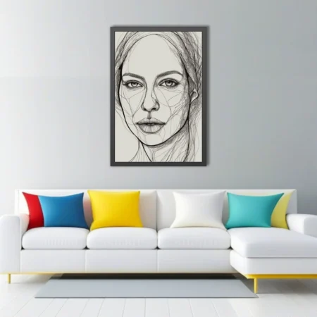 Minimalist black ink-style line art female portrait, fragmented geometric strokes