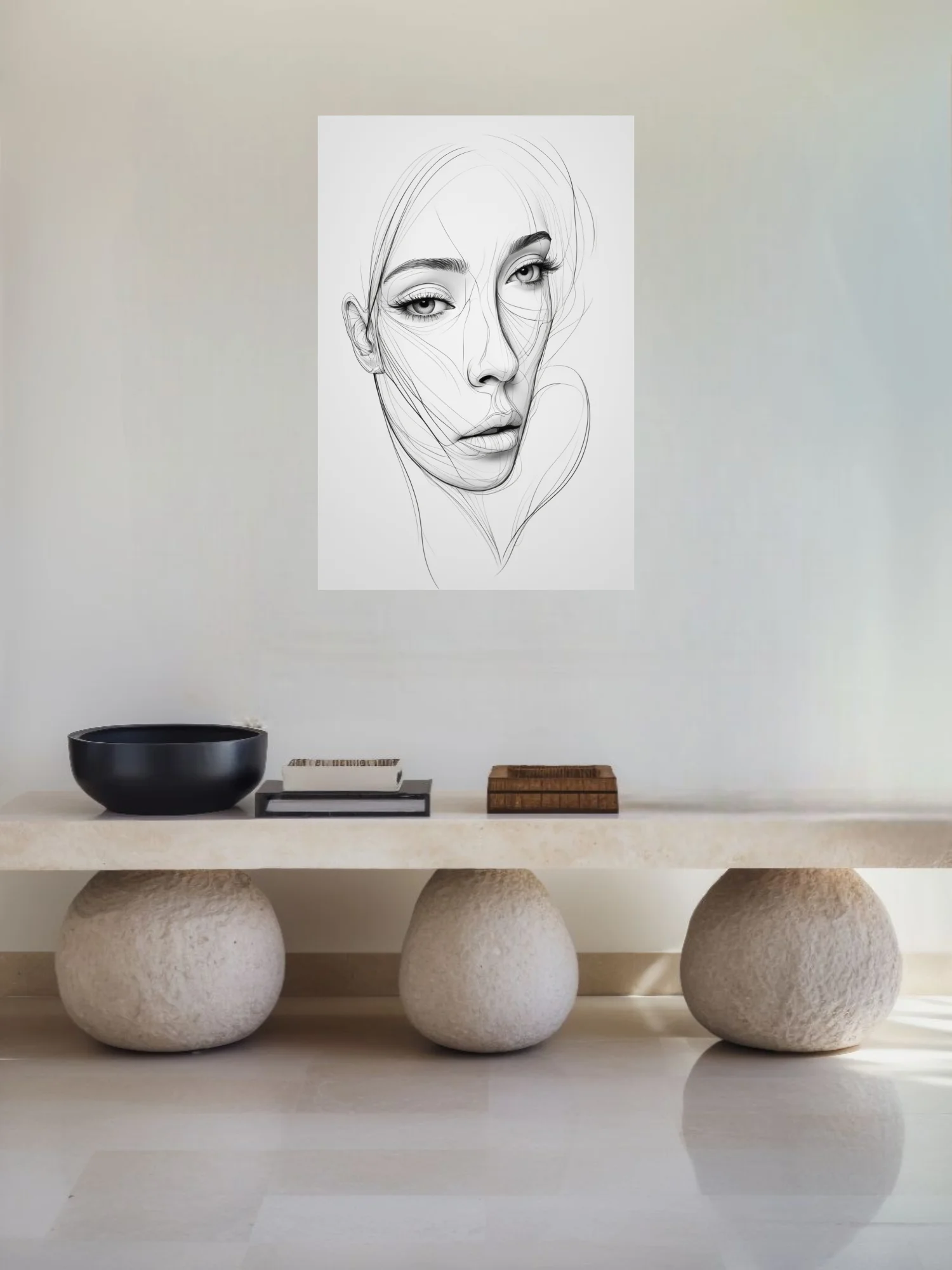 Minimalist line-art female portrait, fluid black ink strokes on white