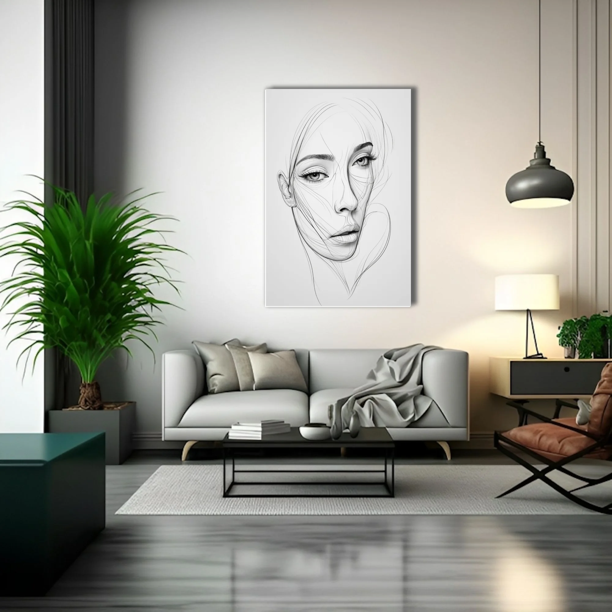 Minimalist line-art female portrait, fluid black ink strokes on white