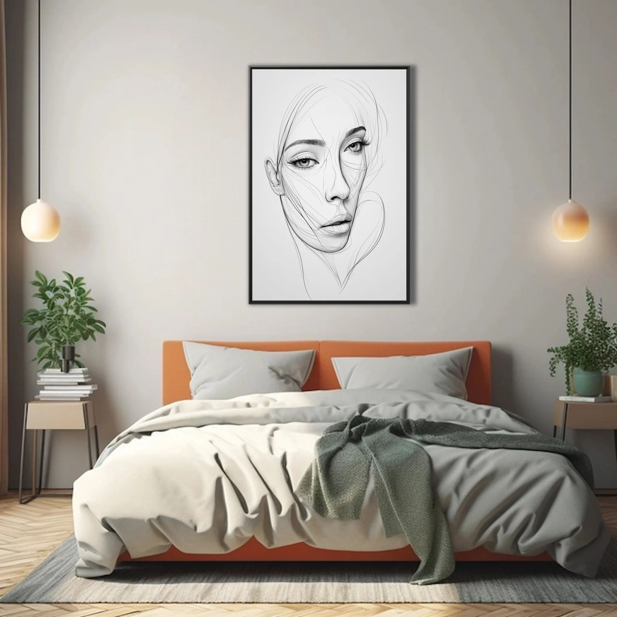 Minimalist line-art female portrait, fluid black ink strokes on white