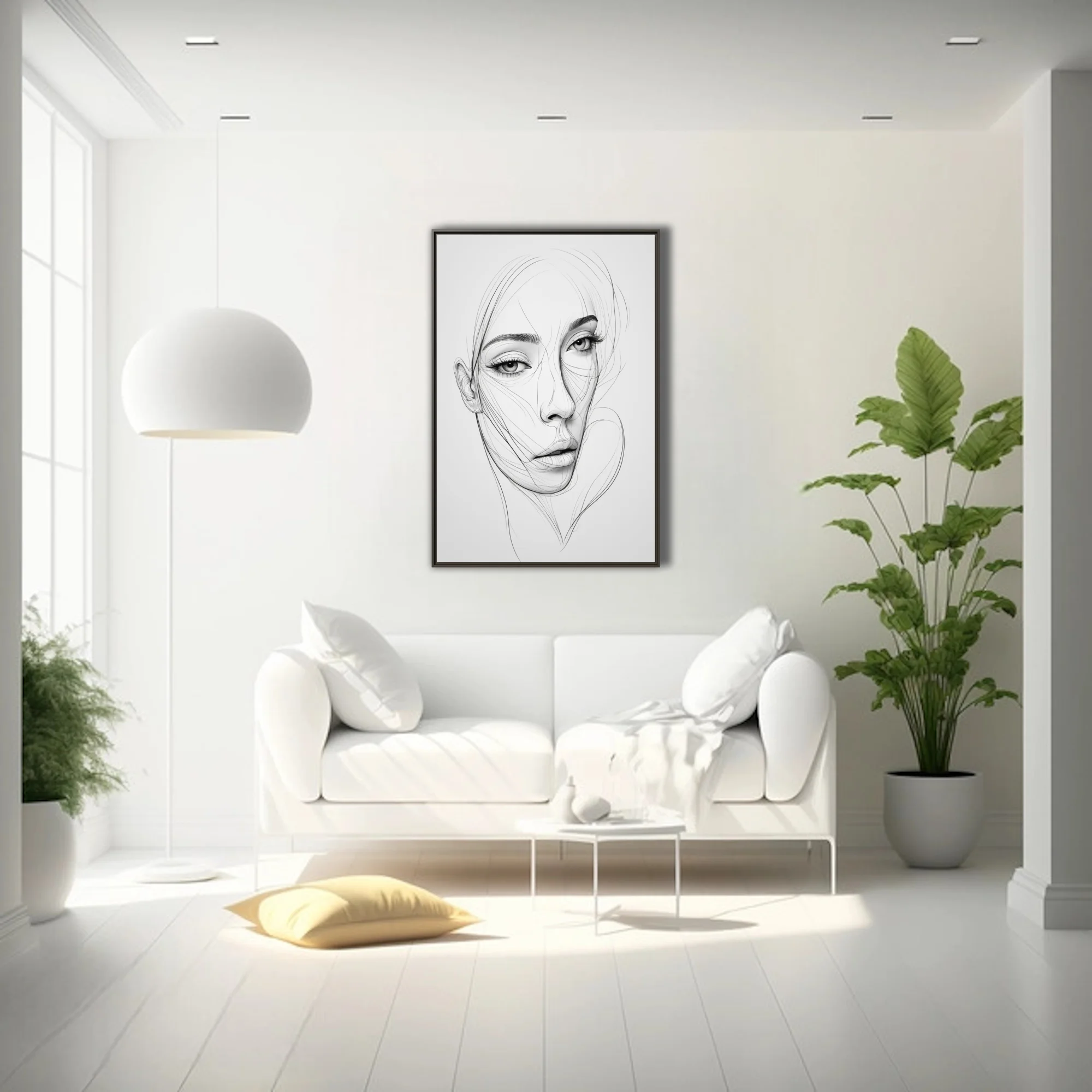 Minimalist line-art female portrait, fluid black ink strokes on white