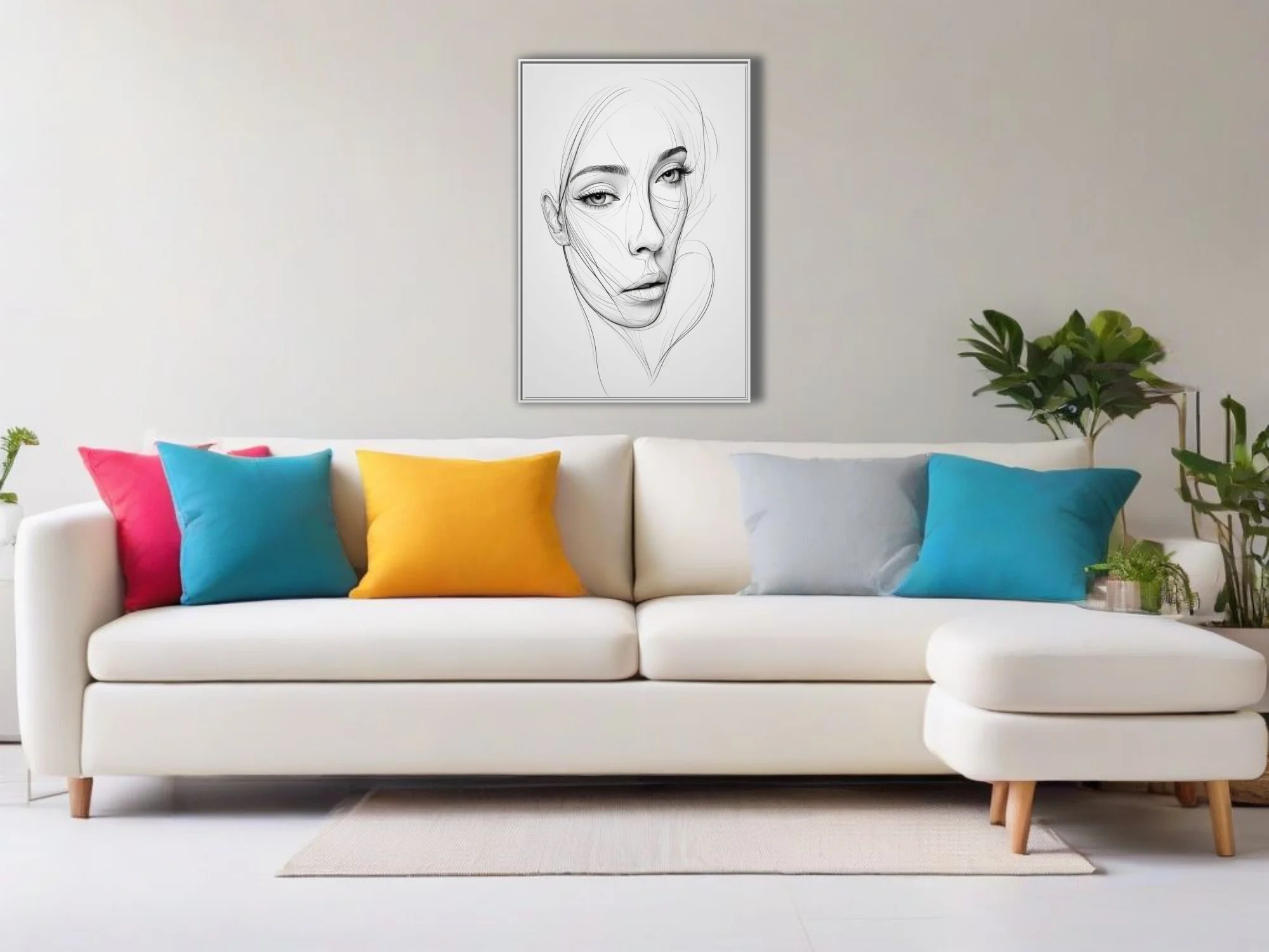 Minimalist line-art female portrait, fluid black ink strokes on white
