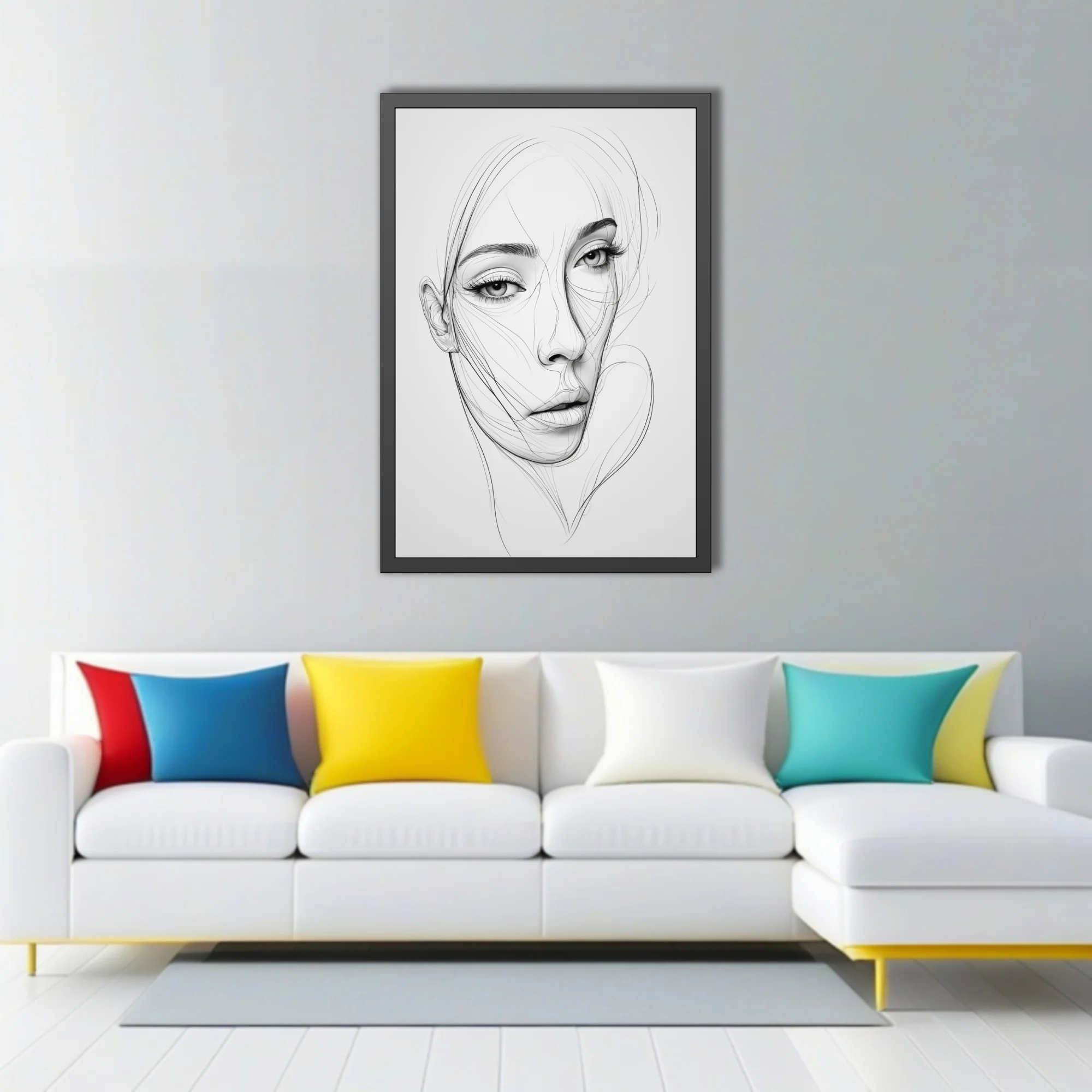 Minimalist line-art female portrait, fluid black ink strokes on white