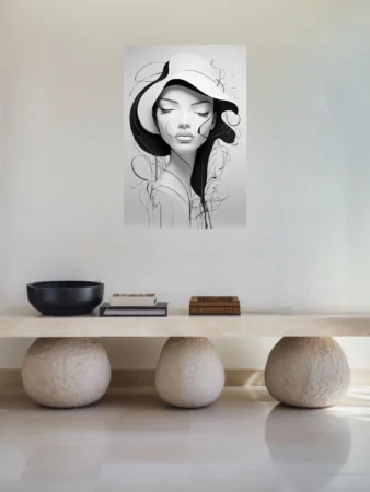 Minimalist black and white line-art portrait of a figure in a wide-brimmed hat with flowing abstract strokes