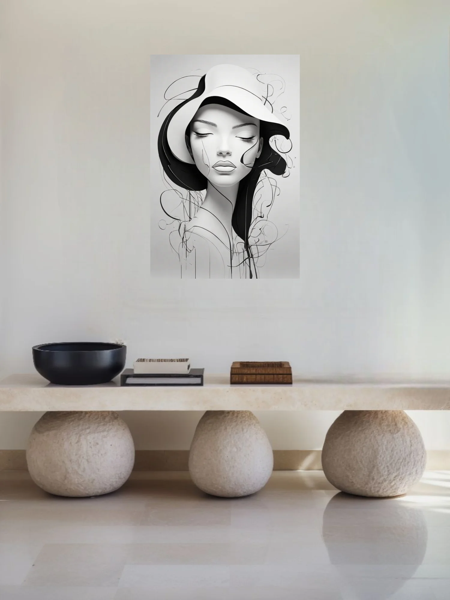 Minimalist black and white line-art portrait of a figure in a wide-brimmed hat with flowing abstract strokes