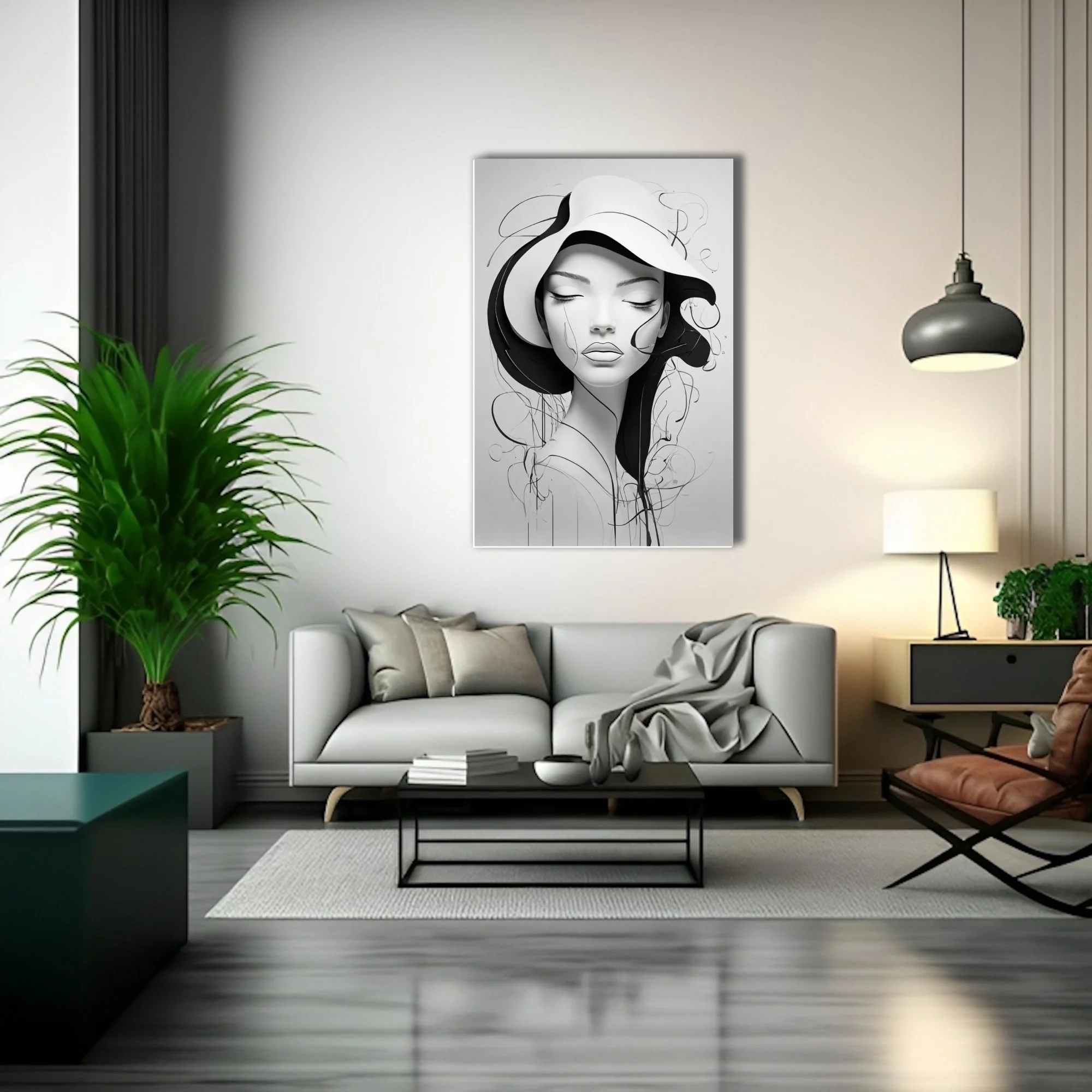 Minimalist black and white line-art portrait of a figure in a wide-brimmed hat with flowing abstract strokes
