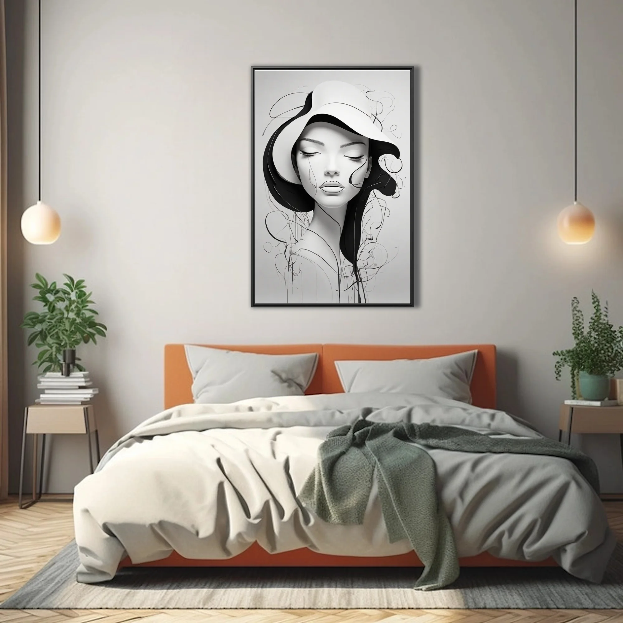 Minimalist black and white line-art portrait of a figure in a wide-brimmed hat with flowing abstract strokes
