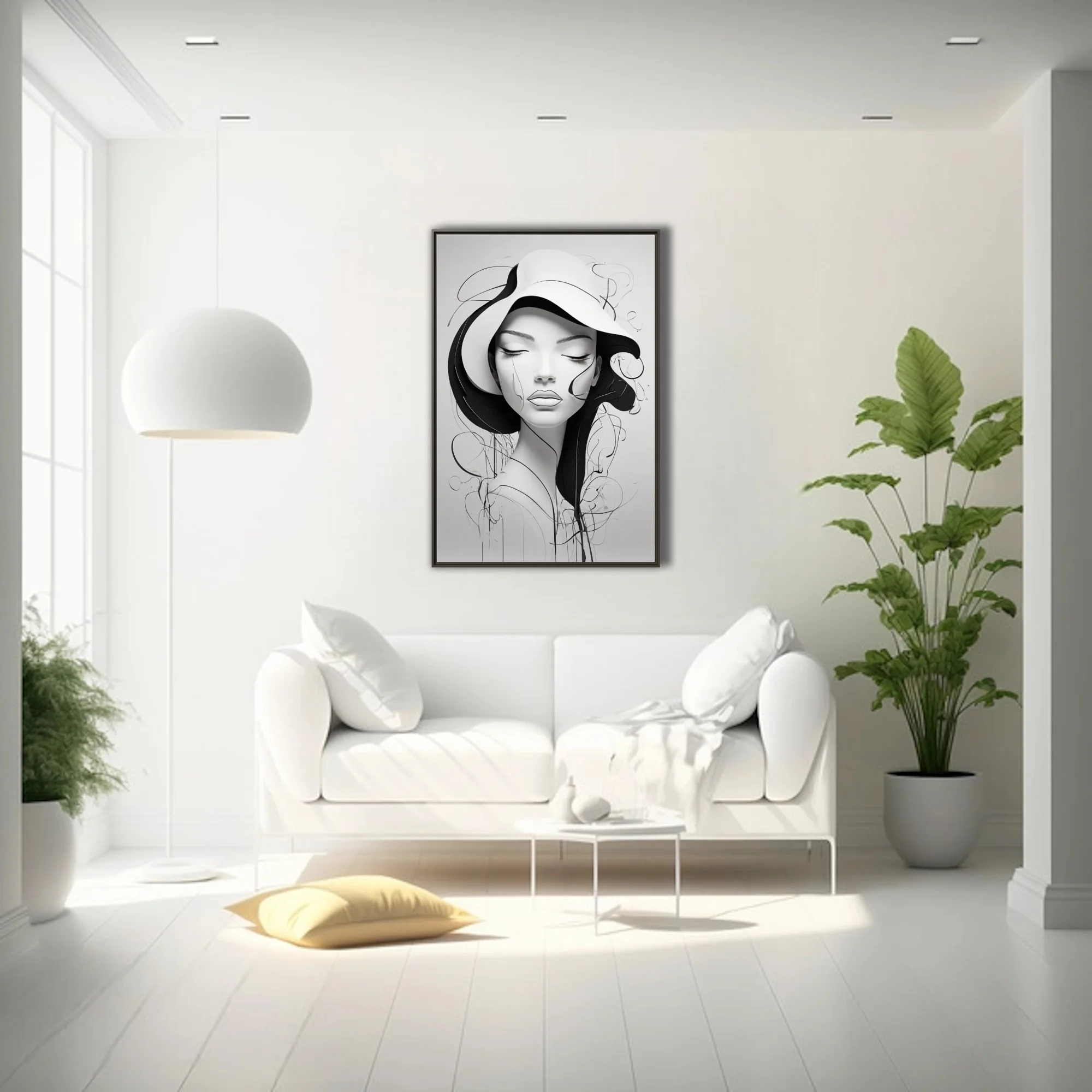 Minimalist black and white line-art portrait of a figure in a wide-brimmed hat with flowing abstract strokes