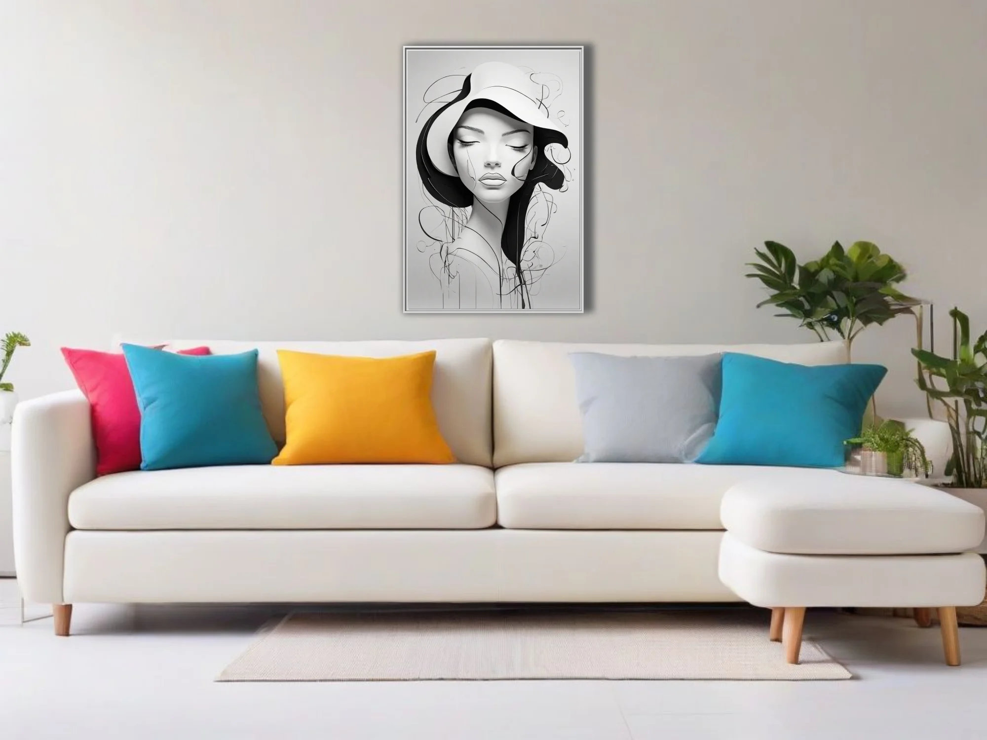 Minimalist black and white line-art portrait of a figure in a wide-brimmed hat with flowing abstract strokes