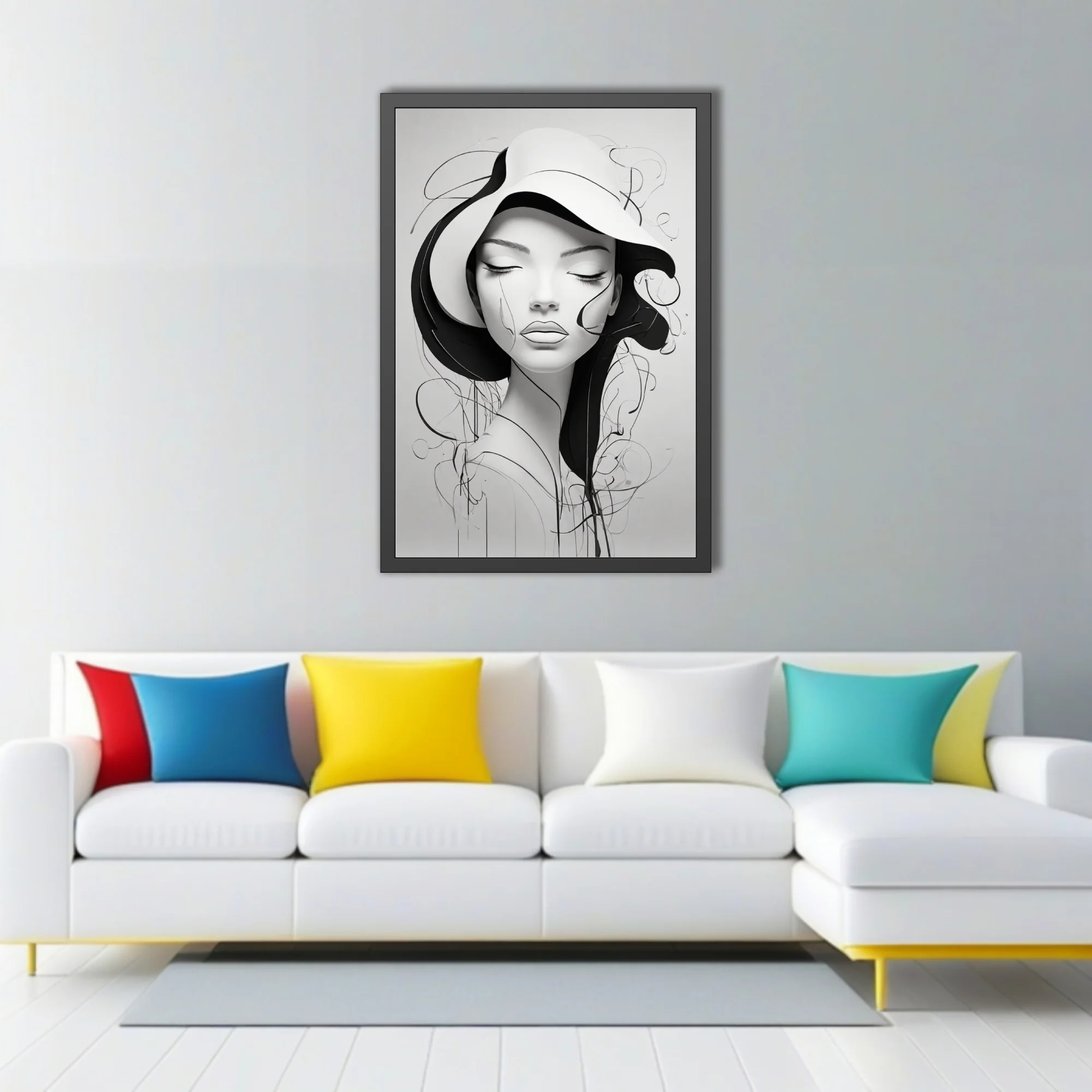 Minimalist black and white line-art portrait of a figure in a wide-brimmed hat with flowing abstract strokes