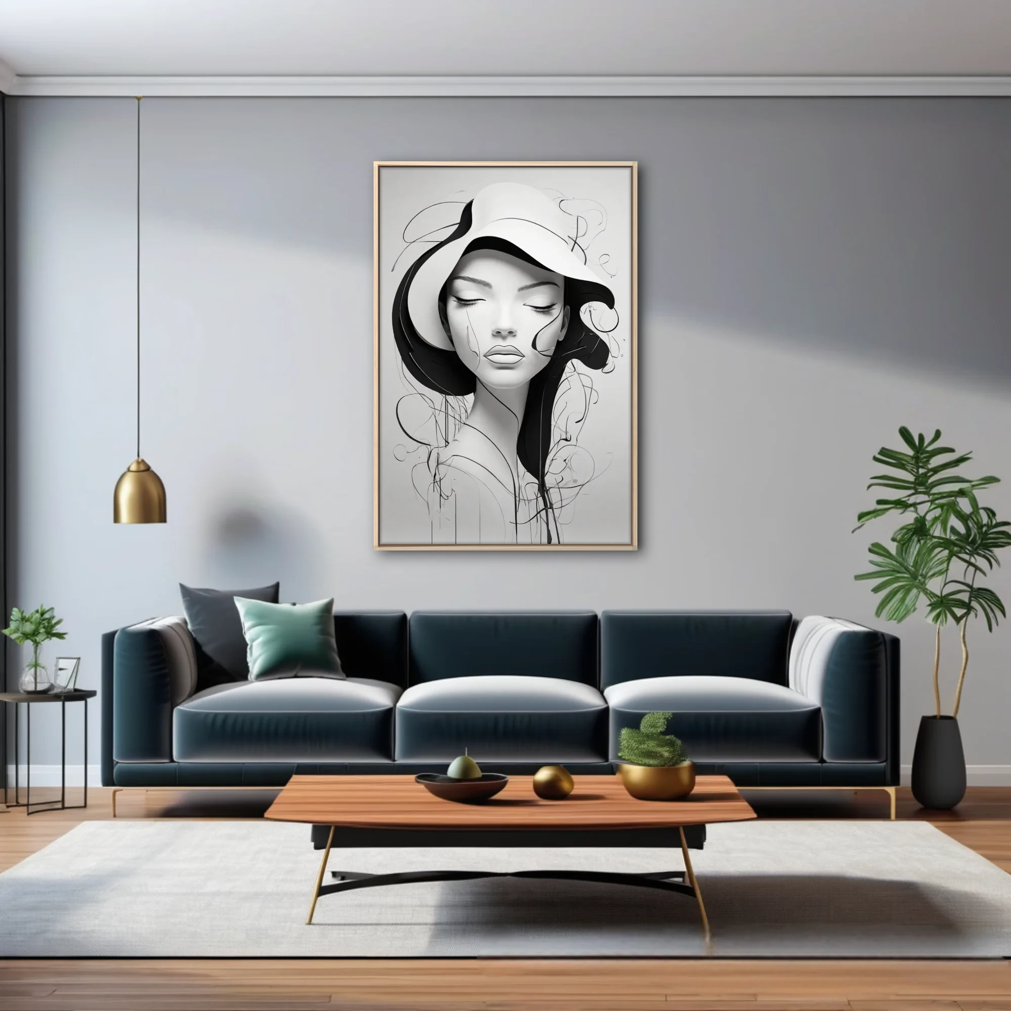 Minimalist black and white line-art portrait of a figure in a wide-brimmed hat with flowing abstract strokes