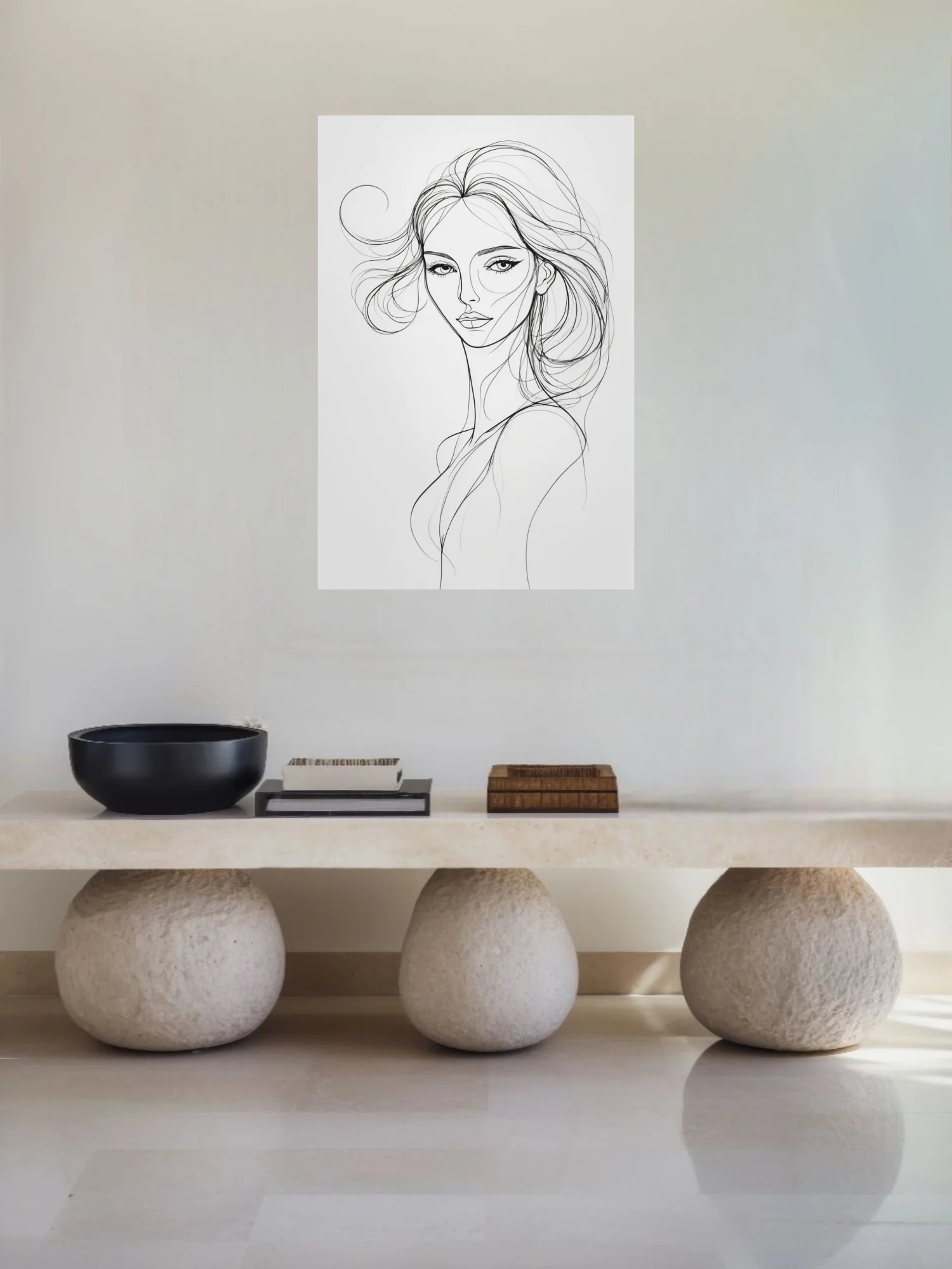 Minimalist line-art portrait of a woman with flowing hair, black ink on white