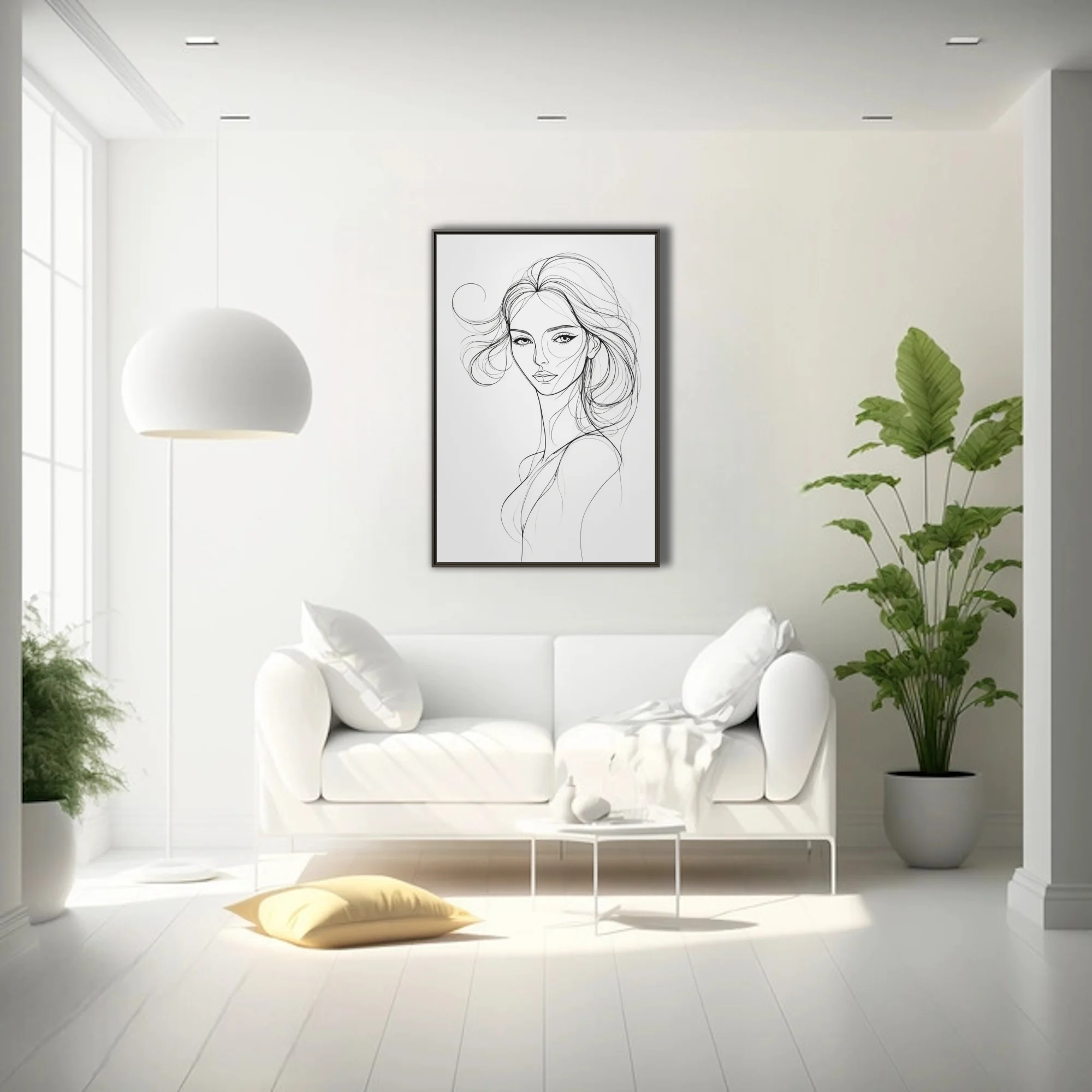 Minimalist line-art portrait of a woman with flowing hair, black ink on white