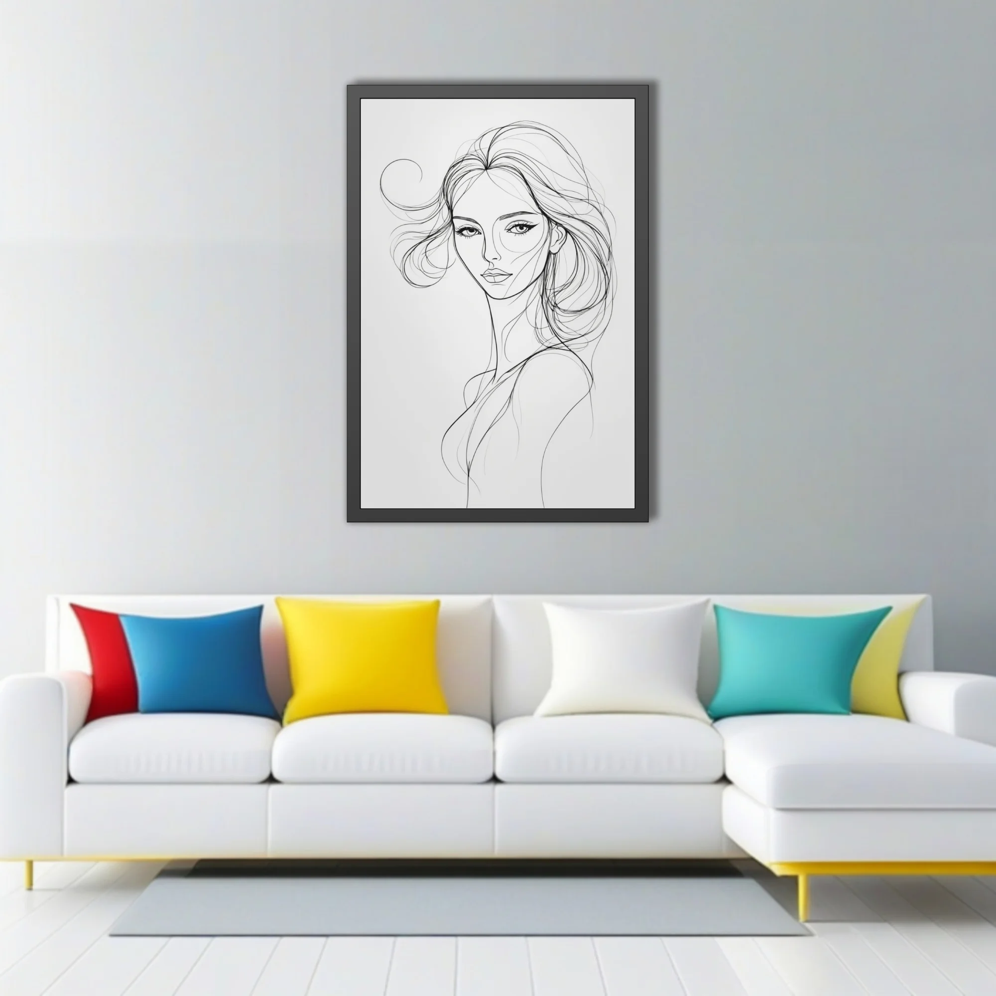 Minimalist line-art portrait of a woman with flowing hair, black ink on white