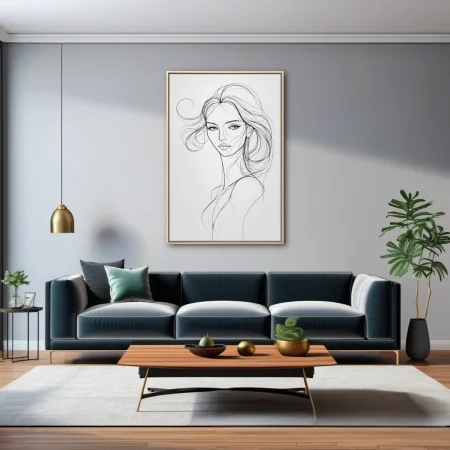 Minimalist line-art portrait of a woman with flowing hair, black ink on white