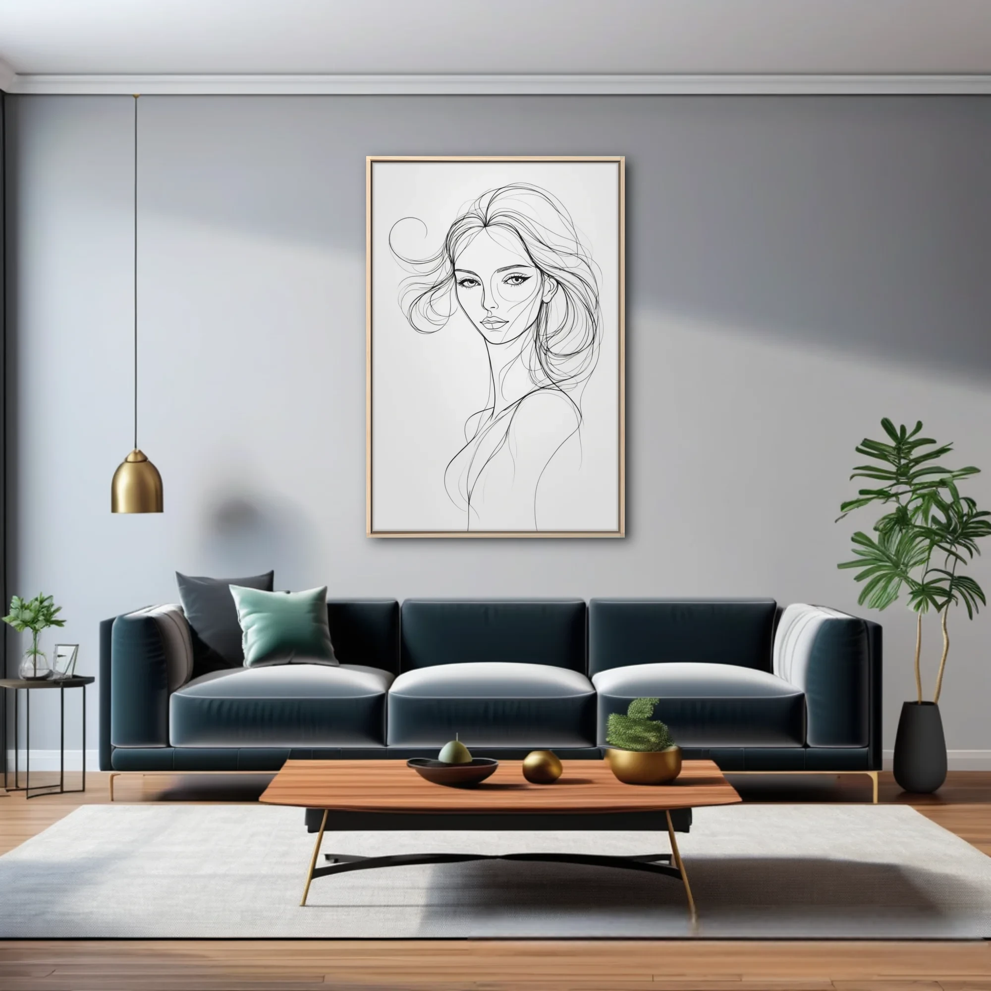 Minimalist line-art portrait of a woman with flowing hair, black ink on white