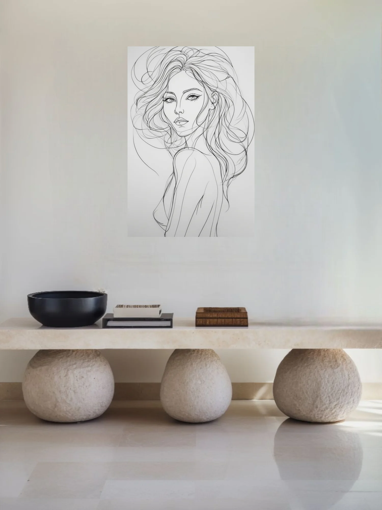 Minimalist line-art portrait of a woman with flowing hair, black on white