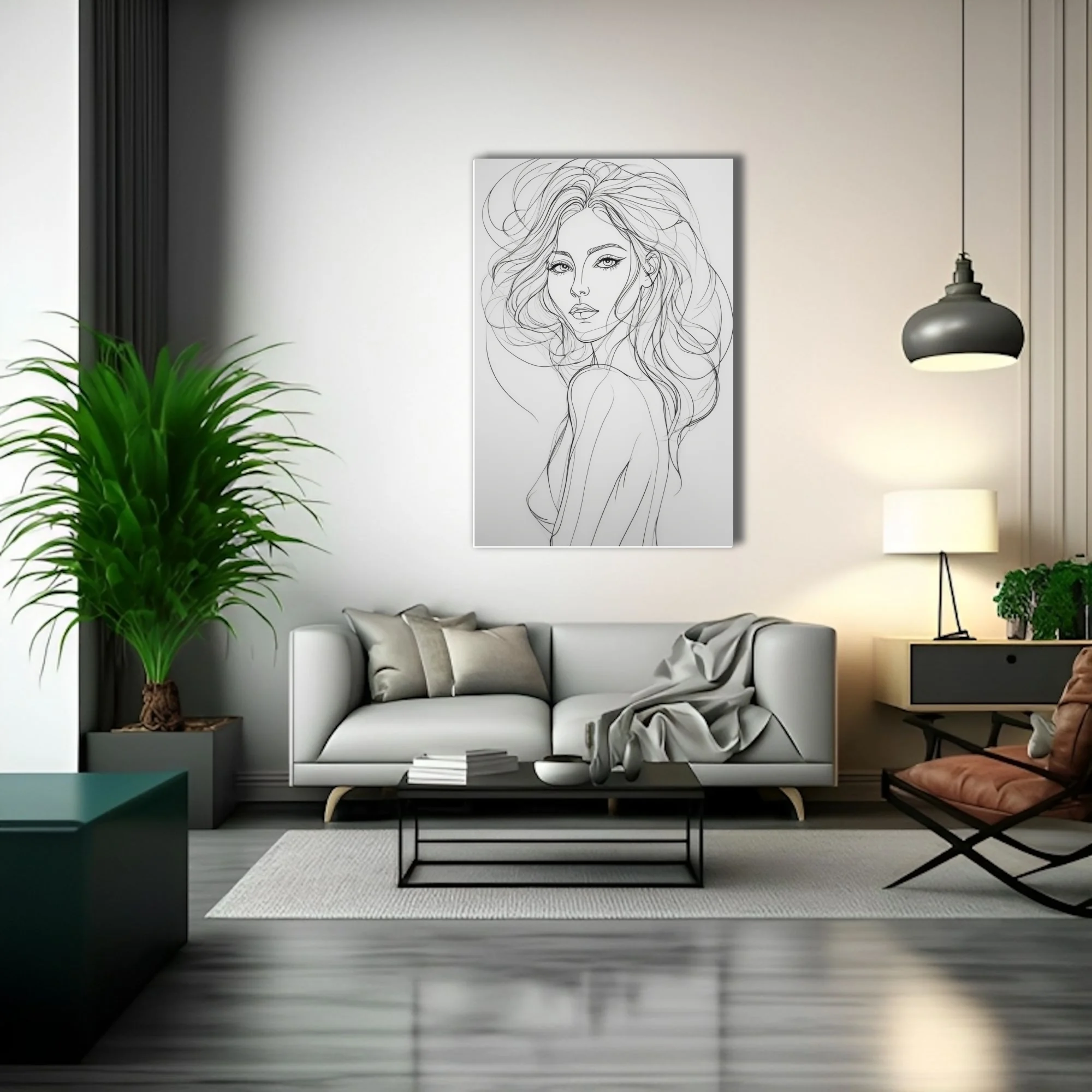 Minimalist line-art portrait of a woman with flowing hair, black on white