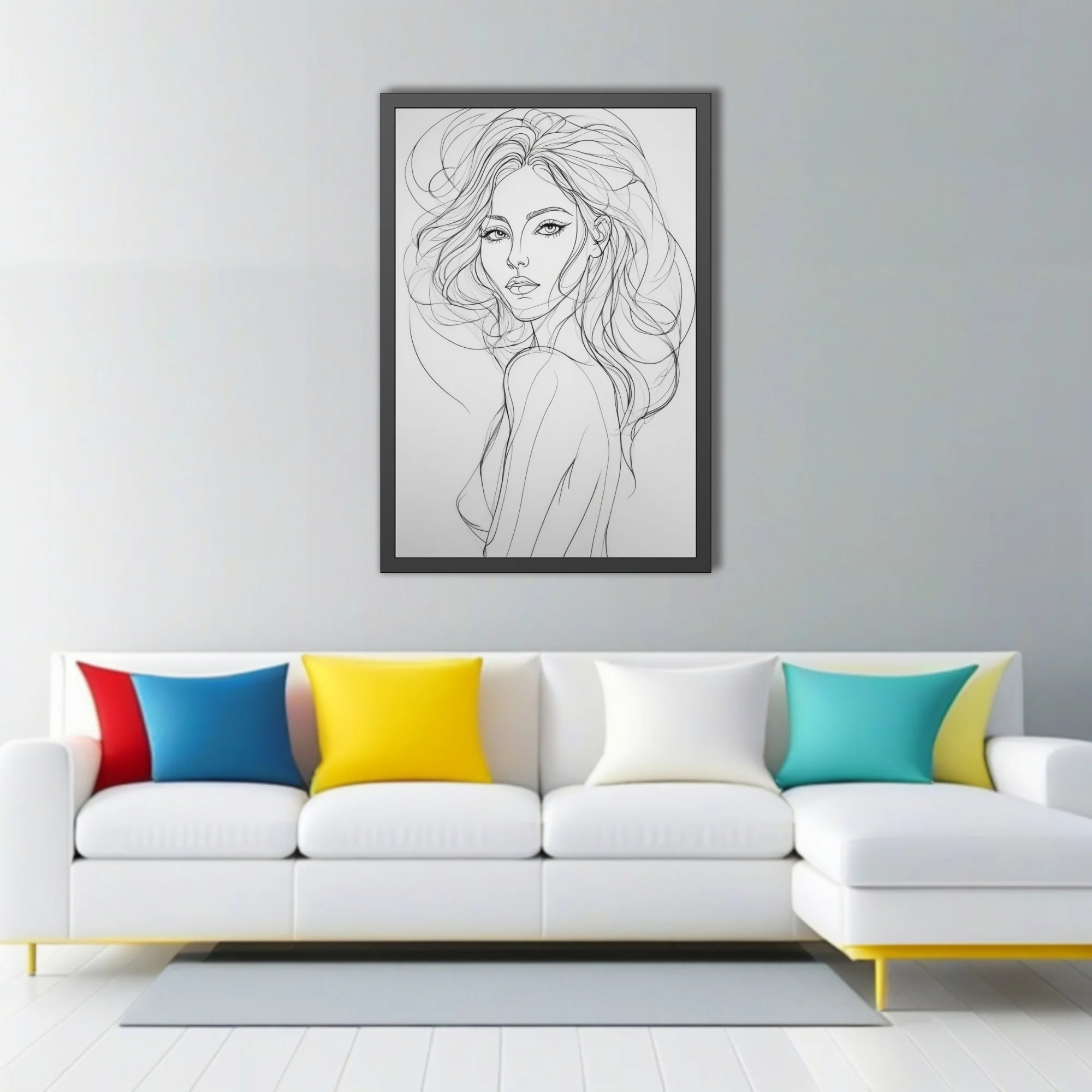 Minimalist line-art portrait of a woman with flowing hair, black on white
