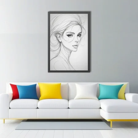 Minimalist line art portrait of a woman, flowing hair, black on white