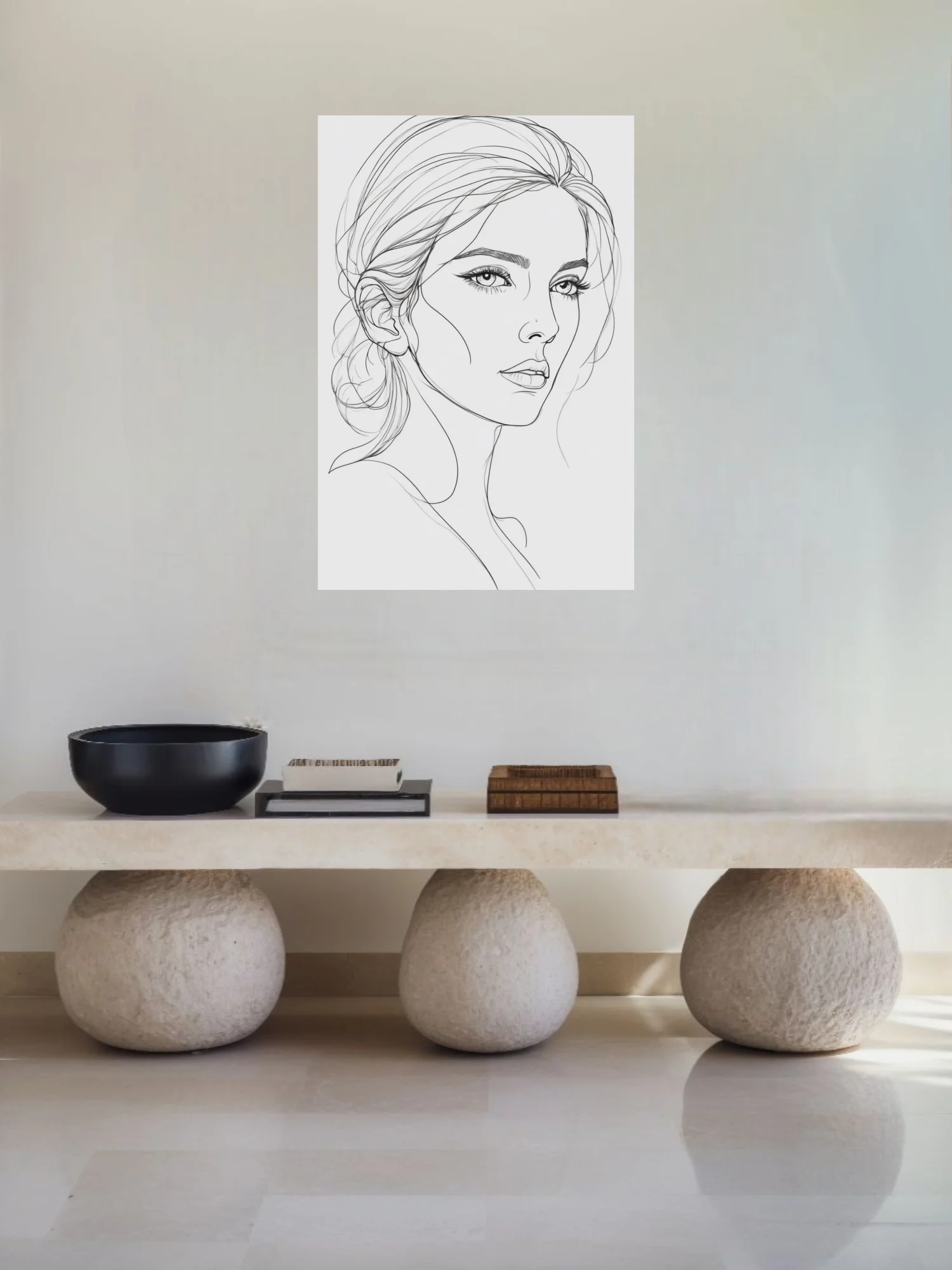 Minimalist line art female portrait, monochrome ink-style sketch with flowing hair