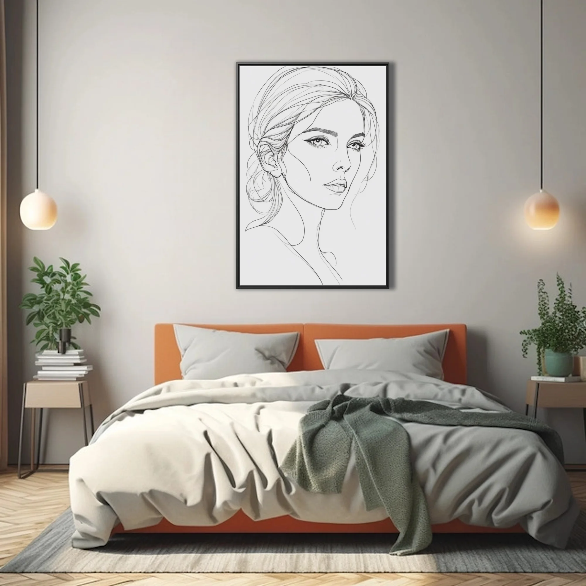 Minimalist line art female portrait, monochrome ink-style sketch with flowing hair