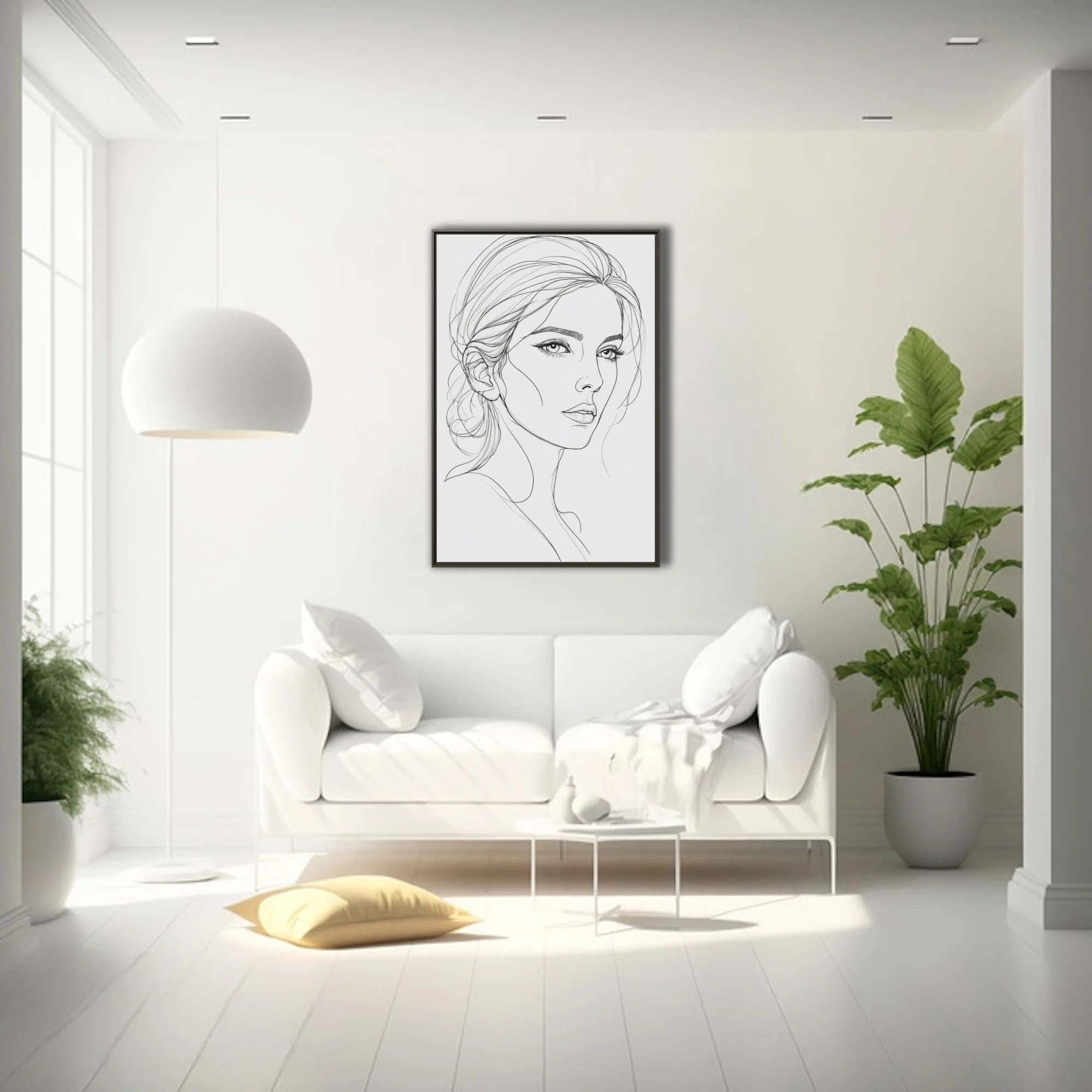 Minimalist line art female portrait, monochrome ink-style sketch with flowing hair