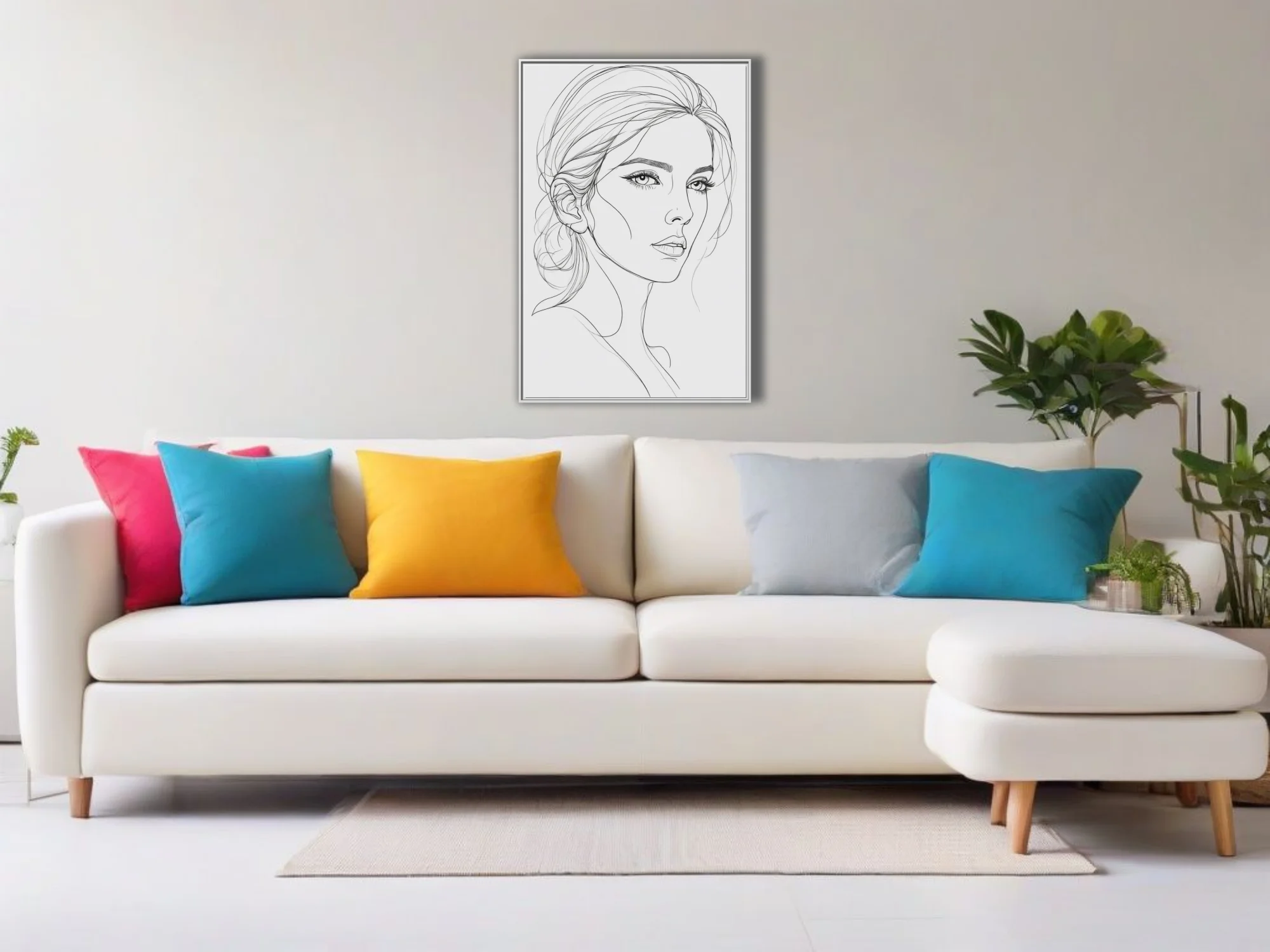 Minimalist line art female portrait, monochrome ink-style sketch with flowing hair